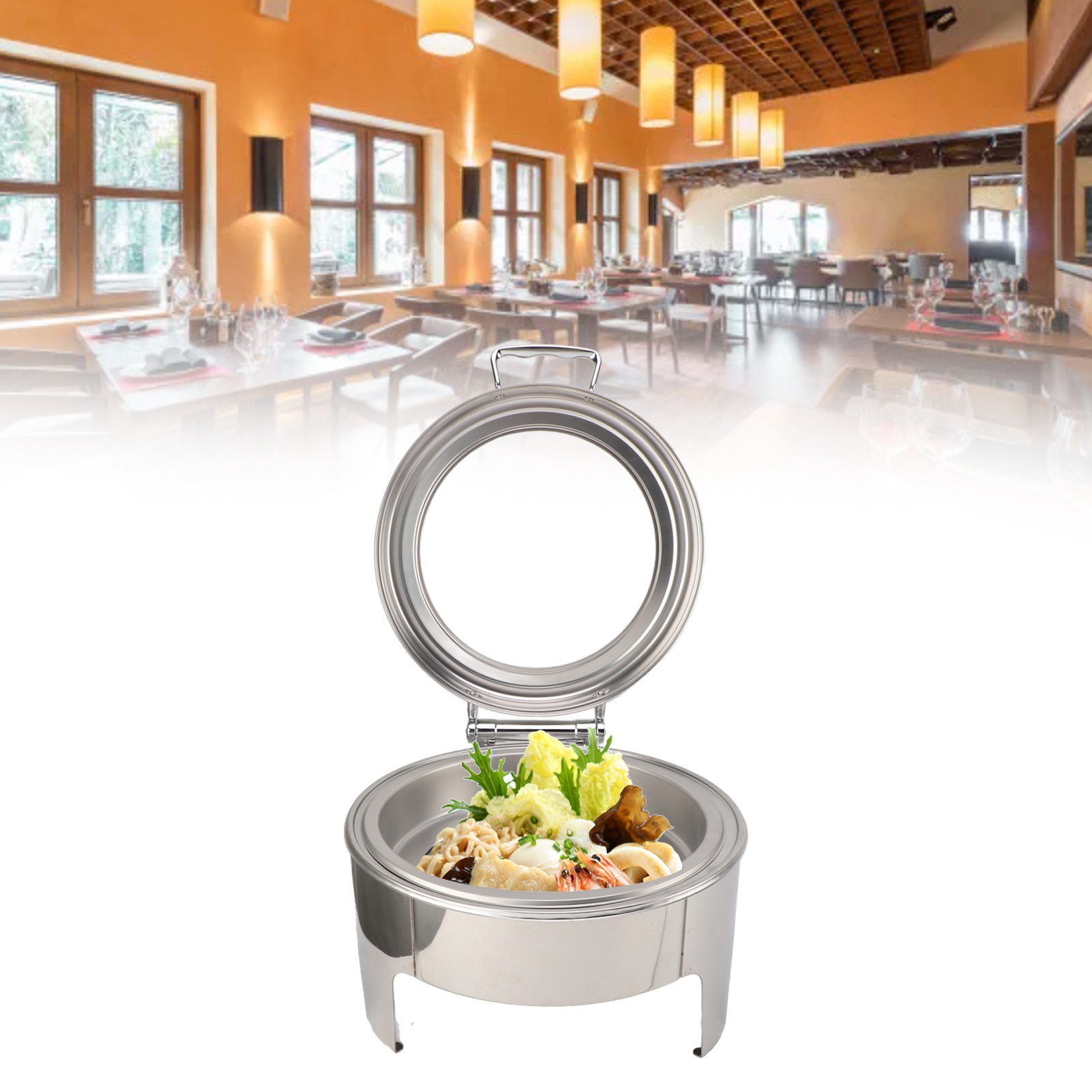 2-in-1 Buffetwärmer Mit Geraden Beinen Und Einstellbarer Temperatur, Alkoholbetrieben, 6 Liter, Runder, Klappbarer Edelstahldeckel, Entspricht Europäischen Normen, 220-240 V, Inklusive Runder Speisesc