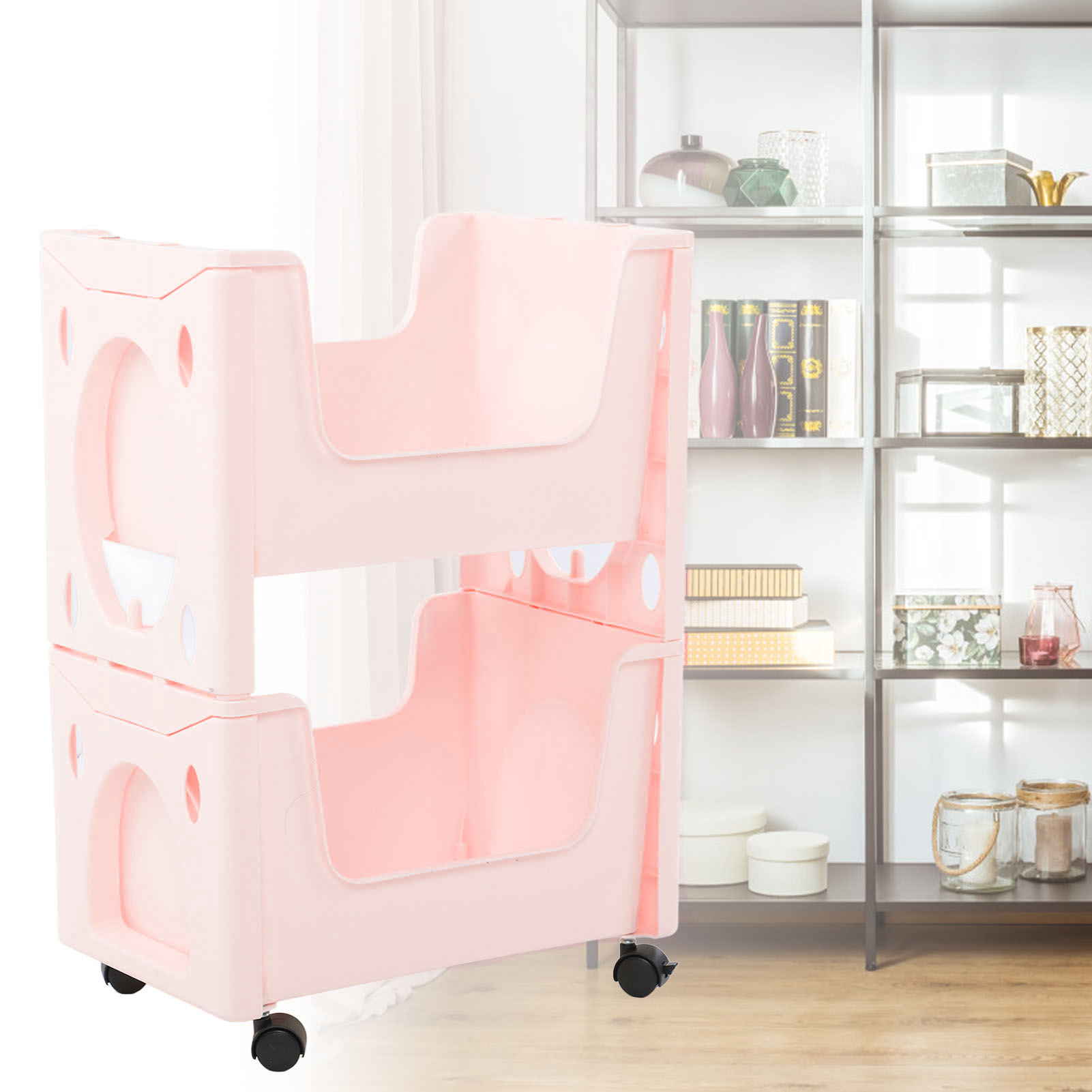 Tragbares, Freistehendes Aufbewahrungsregal Mit Großem Fassungsvermögen Und Rollen, Kinderbücherregal, Bilderbuchregal, 2-stöckiges, Freistehendes Rosa Aufbewahrungsmöbel.