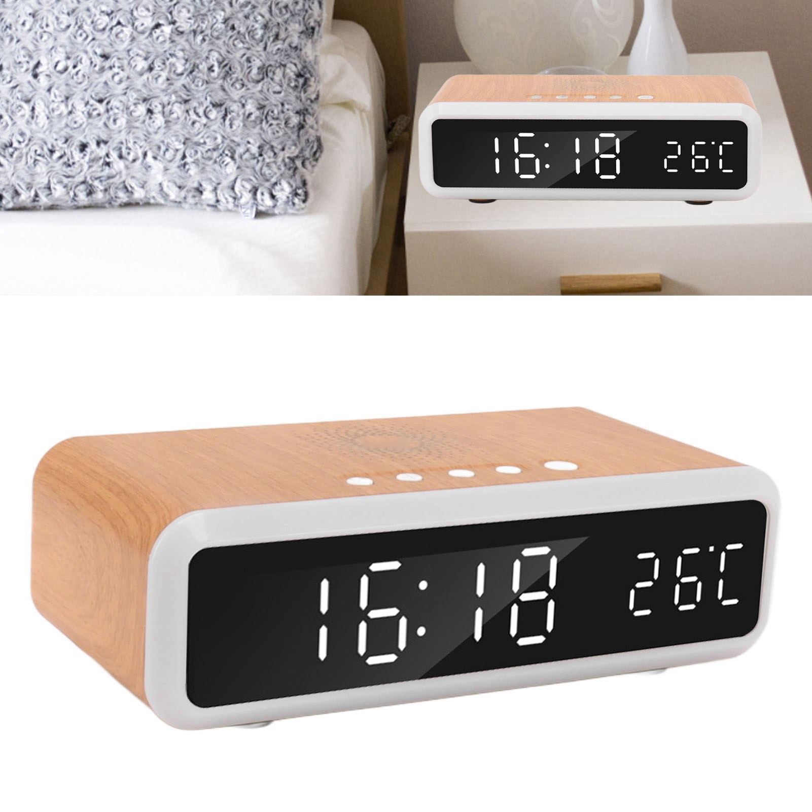 Wecker Mit Nachtlicht Und Kabellosem Ladegerät, Wecker Mit Nachttischlampe Und Kabellosem Ladegerät, 15-w-weckerladegerät, Natürliche Holzfarbe.