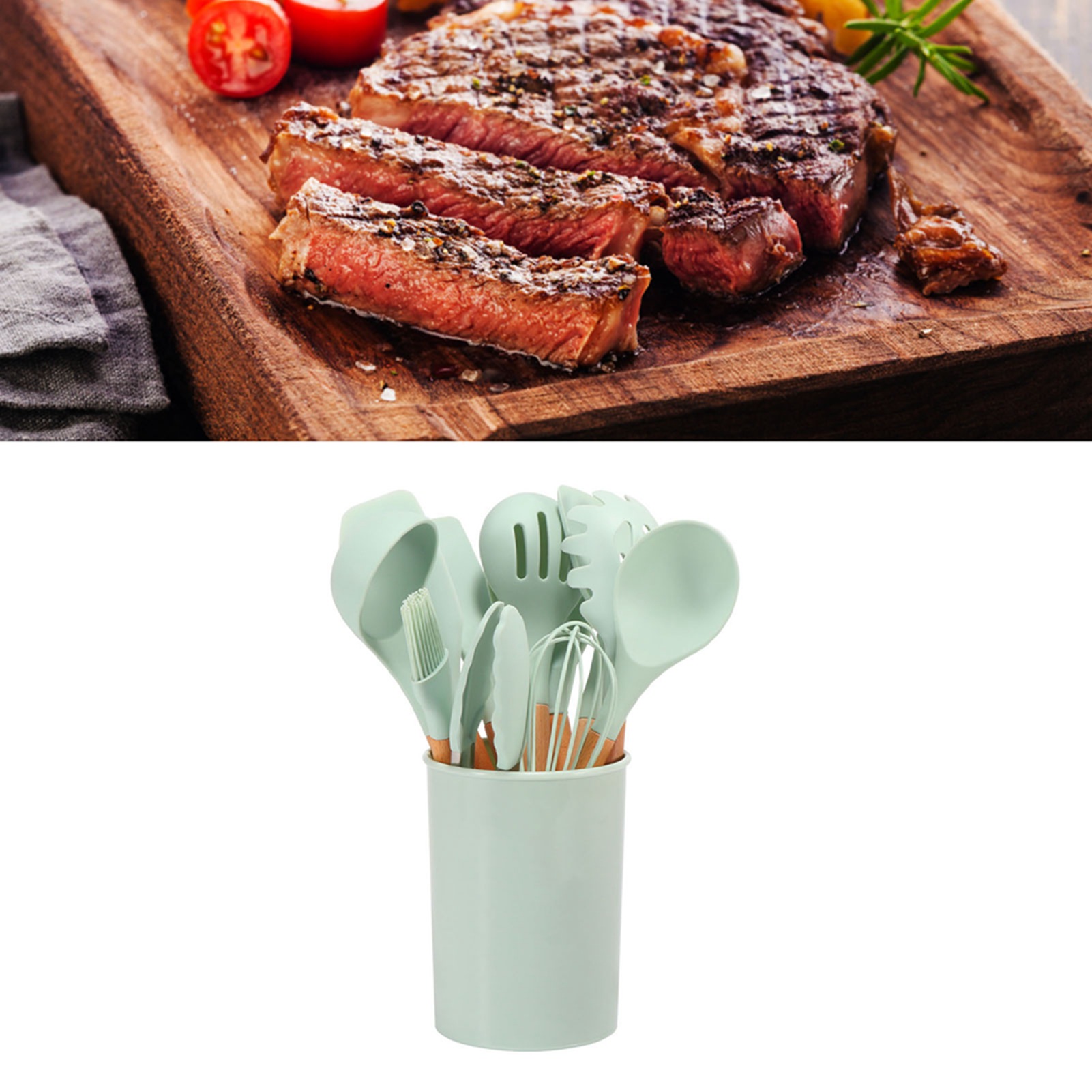 Aufbewahrungseimer Mit Silikon-küchenutensilien Mit Holzgriffen, Antihaftbeschichteten Pfannen, Pfannenwendern Und Löffeln, 11-teiliges Set + Großer Schwarzer Eimer