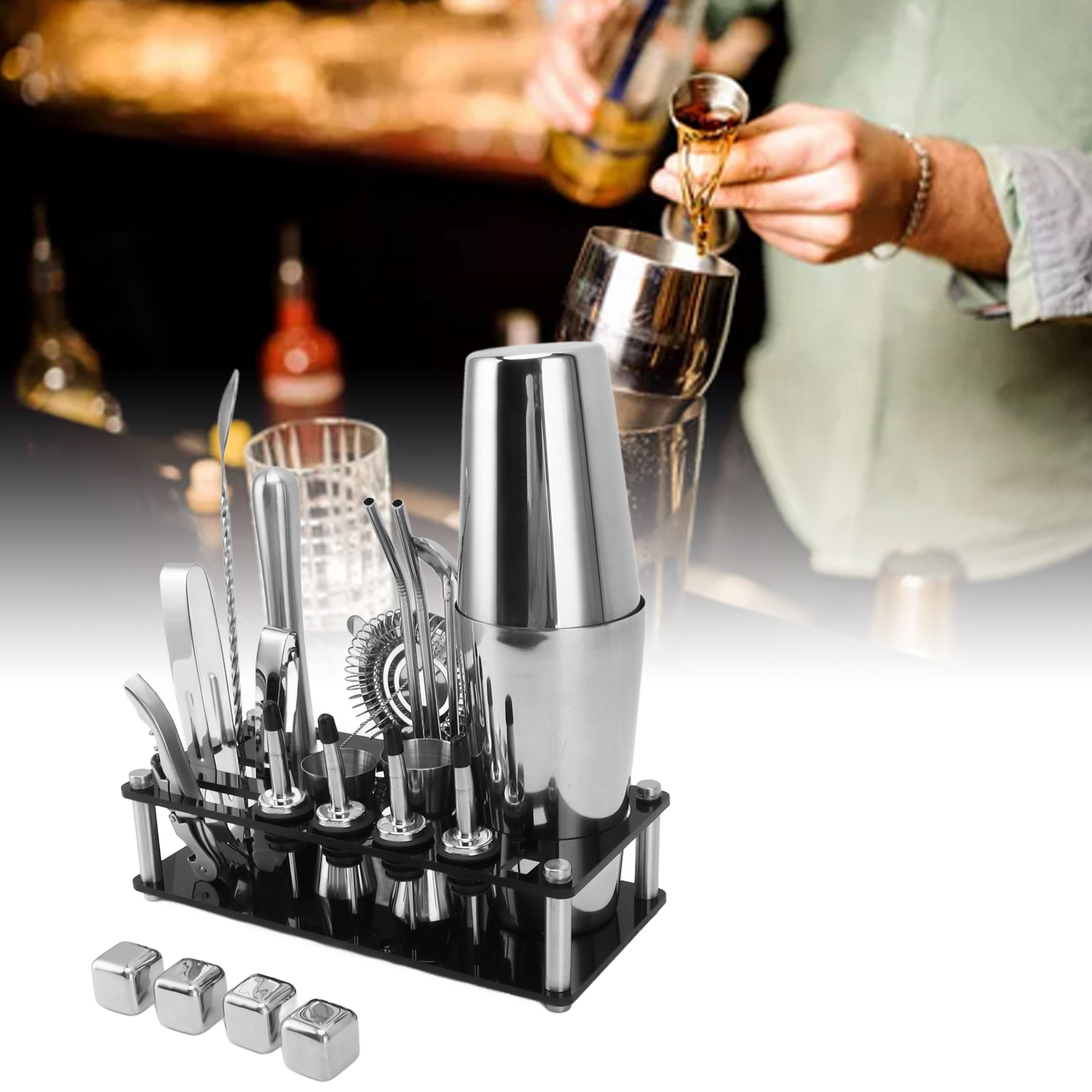 Komplettes Set Aus 23 Boston-acryl-barutensilien, Inklusive Cocktailshaker Und Mixer Aus Edelstahl.