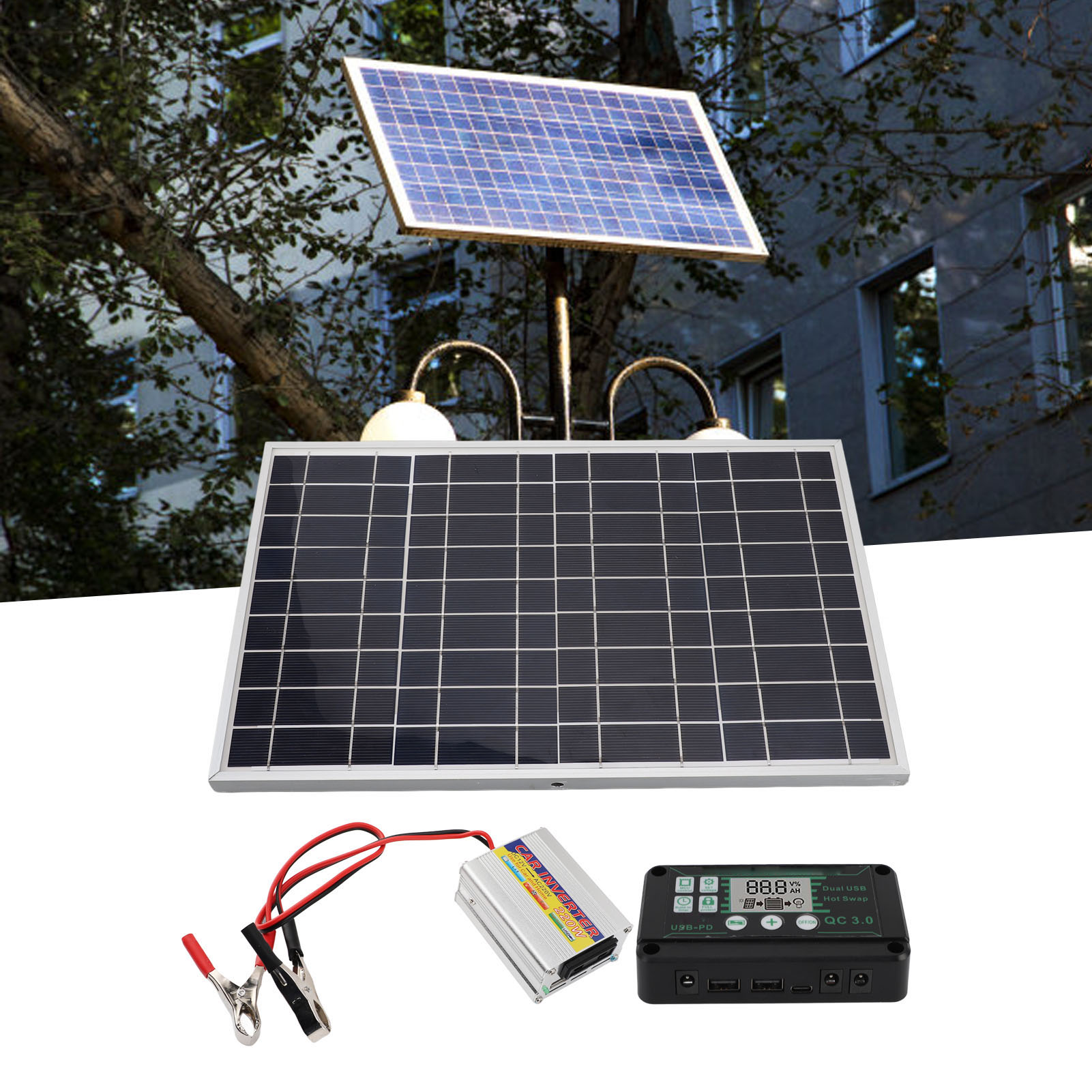 30-w-solarpanel-set, 220-w-wechselrichter Und Wasserdichter Schwarzer Mppt-regler