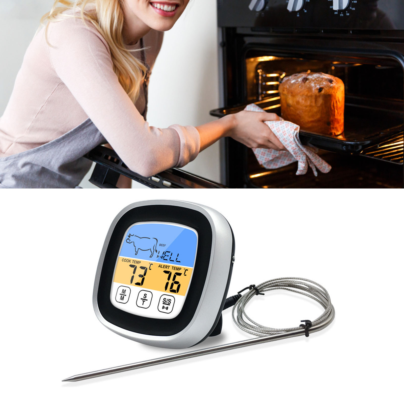 Touchscreen-ofenthermometer Mit Timer Und Digitalanzeige, Koch- Und Grillthermometer, Schwarzes Elektronisches Küchenthermometer