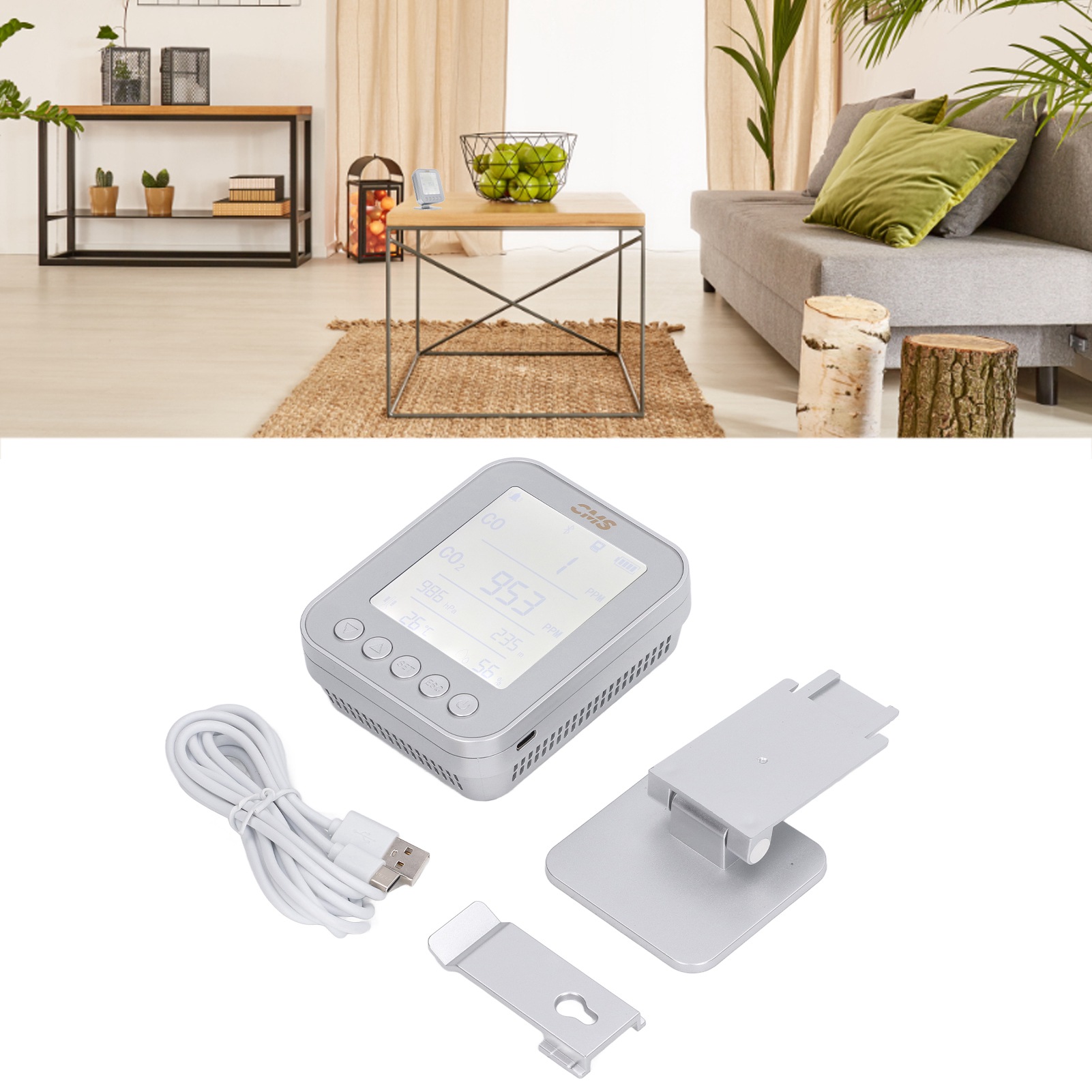 Höhen- Und Druckdetektor, Kohlendioxid-, Temperatur- Und Feuchtigkeitsdetektor, Echtzeit-überwachungsdetektor, 6-in-1-multifunktionsdetektor, Usb-betrieben, Silberfarben.