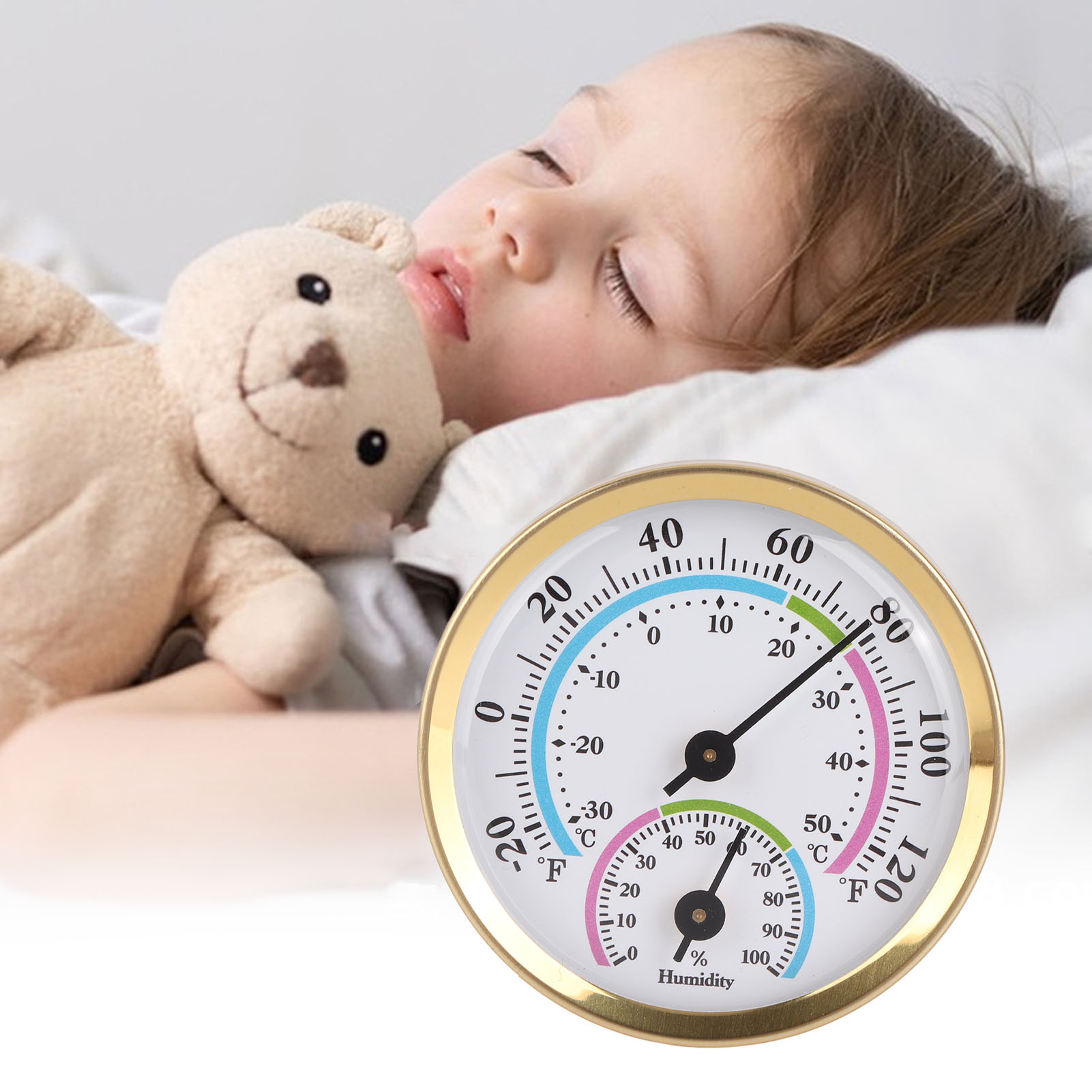 Kompaktes Mini-thermometer Für Büro, Zuhause Und Zimmerpflanzen. Wandmontiertes Temperatur- Und Feuchtigkeitsmessgerät, Ideal Für Gewächshäuser. Batterieloser Betrieb. Goldfarbenes Gehäuse Und Farbige