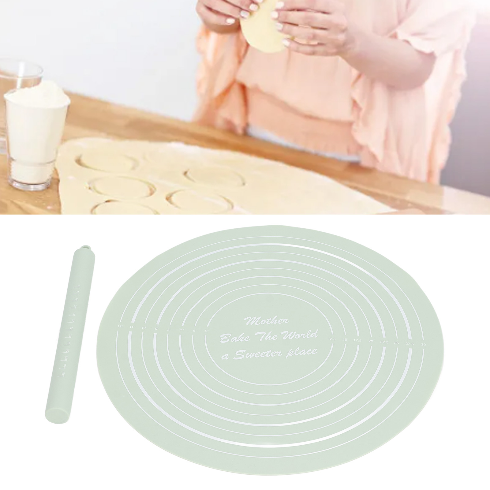 Nudelholz + Mehlmatte - 2-teiliges Set Mit Skala, Vollständig Geschlossenes Silikon-antihaft-nudelholz, Ravioli-teigwerkzeug, Grün.