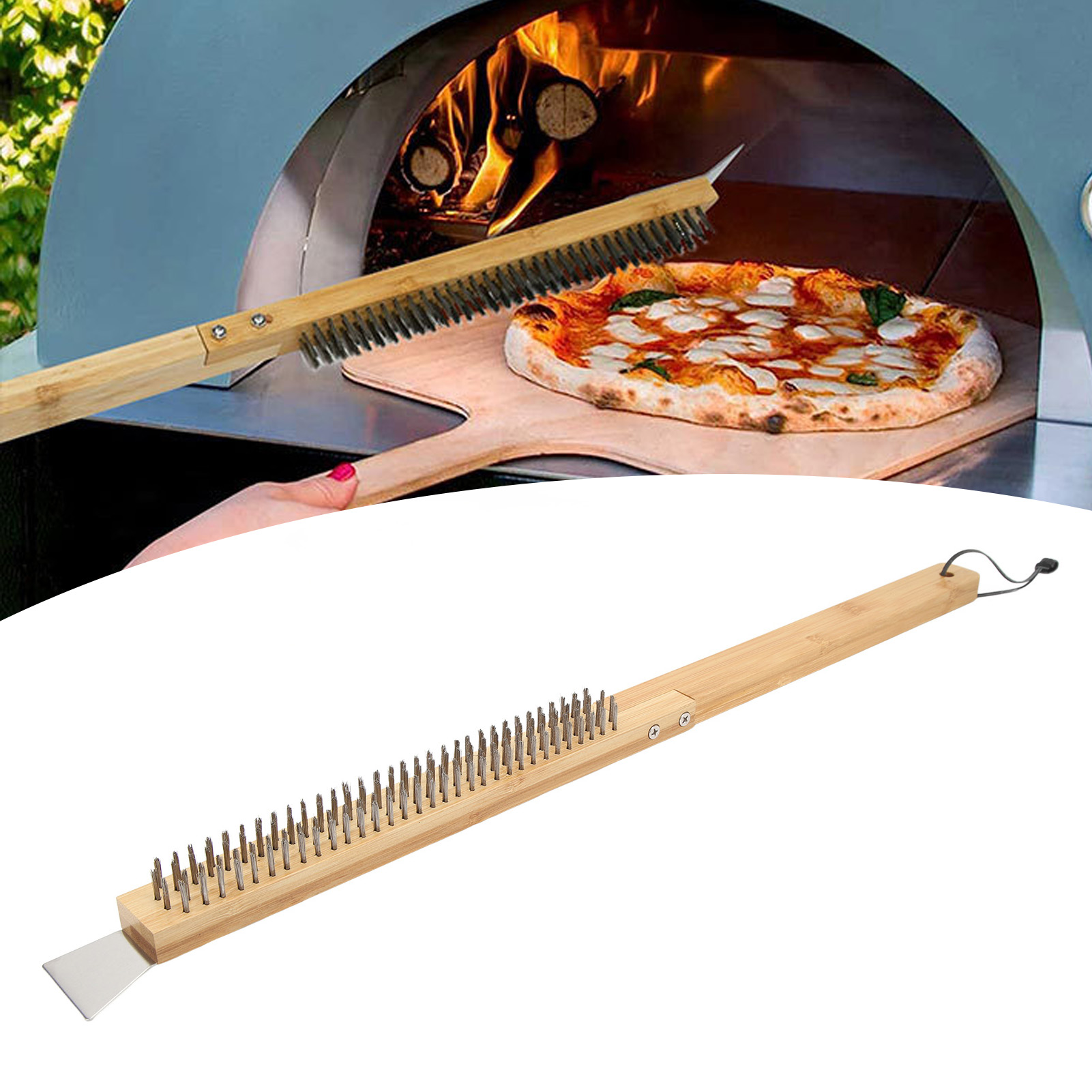 Pizzabürste Mit Holzgriff Und Abnehmbarem Edelstahldraht, Ideal Zum Kochen Und Reinigen Von Pizzen.