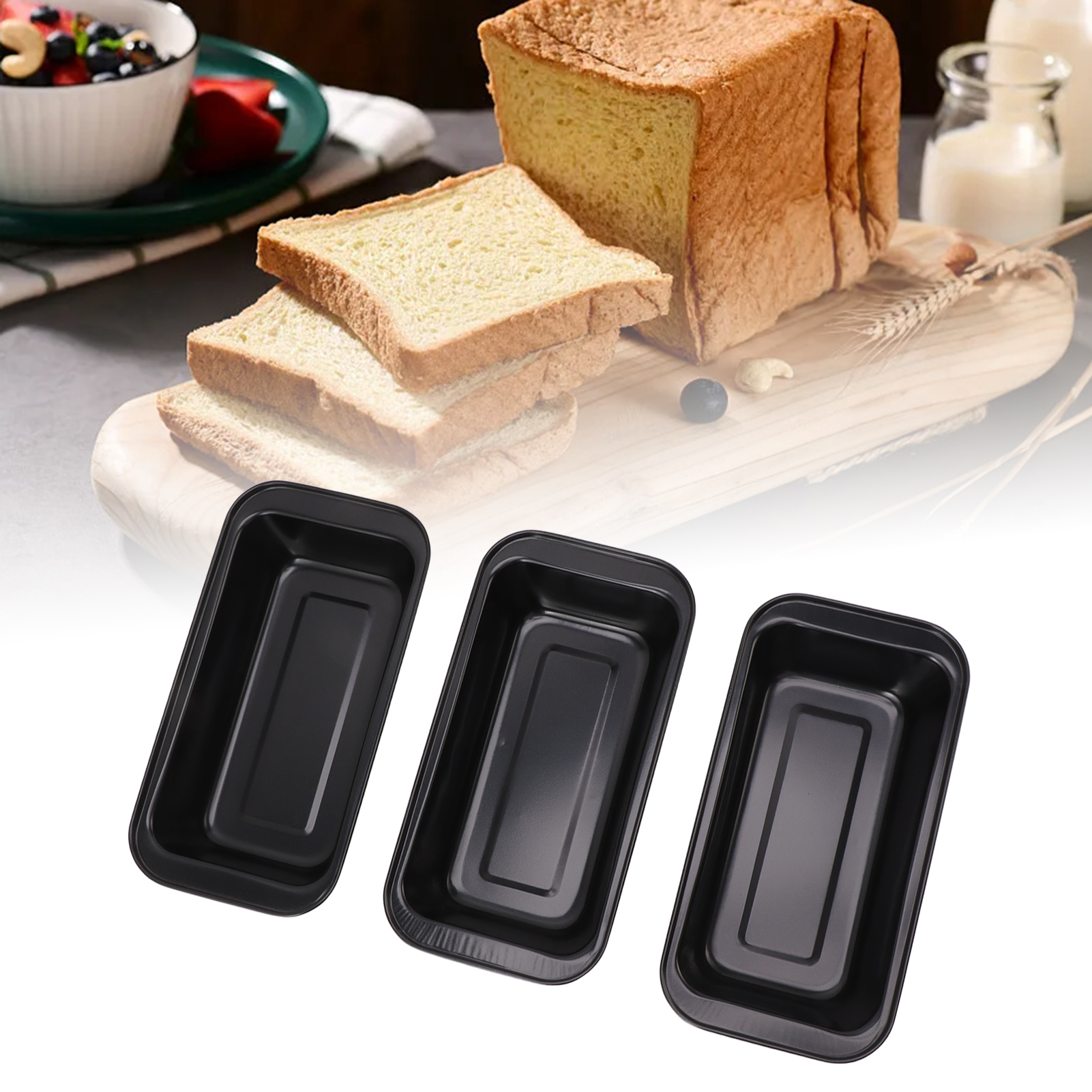 Set Aus 3 Schwarzen, Antihaftbeschichteten Toastformen, Rechteckigen Brot- Und Kuchenformen Aus Kohlenstoffstahl.