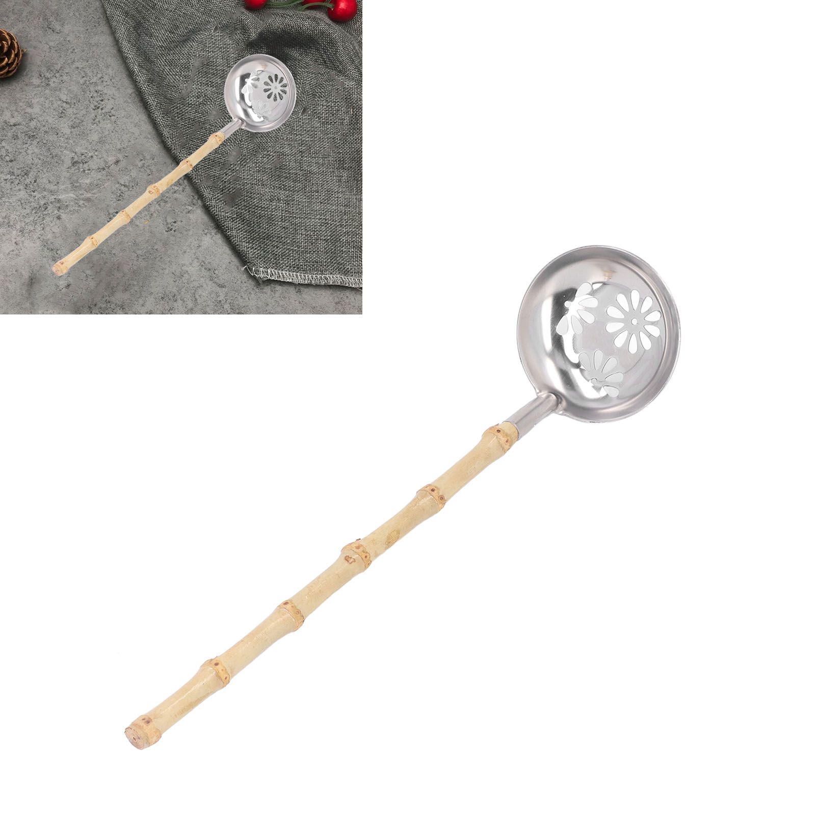 Feuerfeste Fonduekelle Aus Edelstahl, Isolierte Kelle, Sieb Mit Bambusgriff