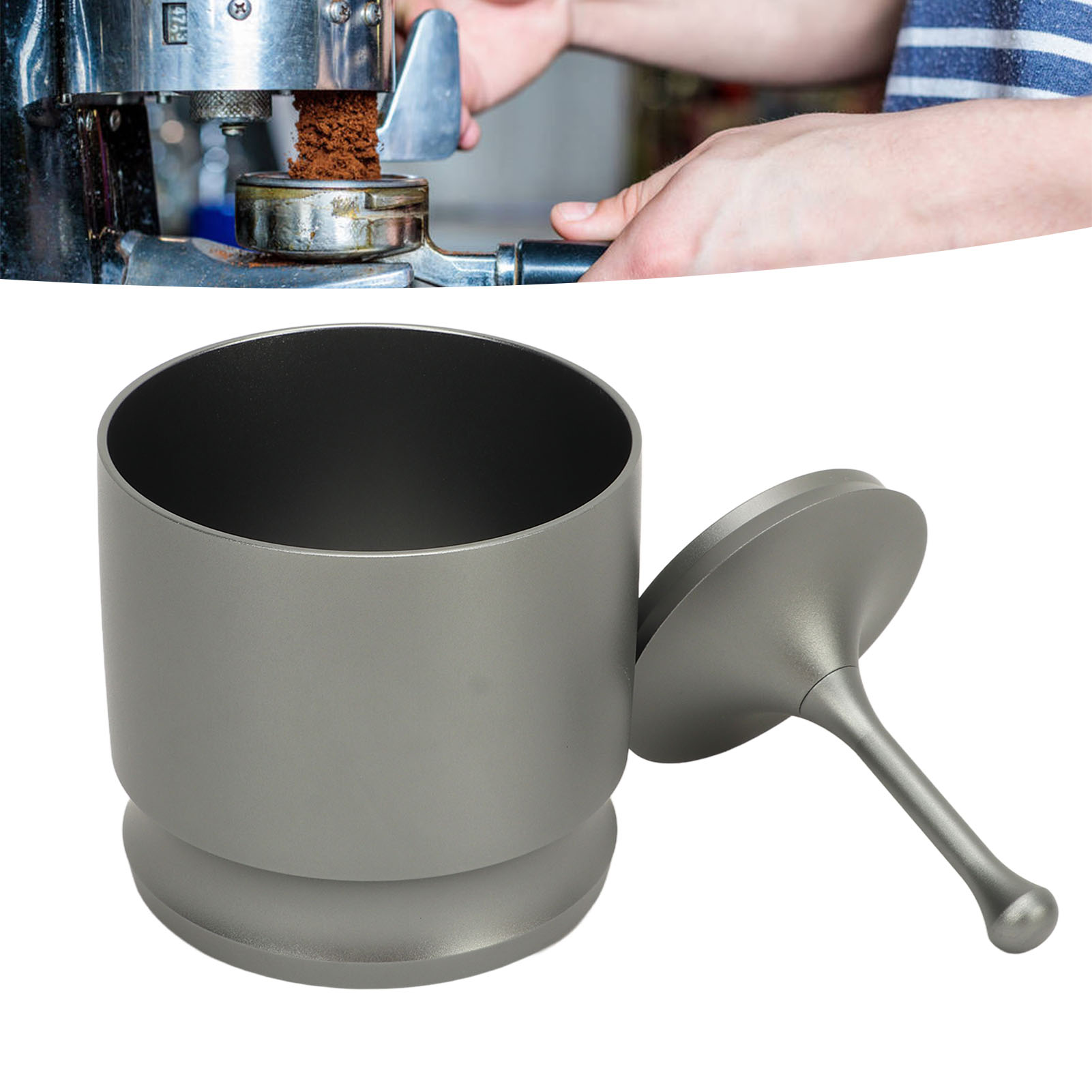 Kaffeepulverbehälter Mit Deckel, 58 Mm Aluminiumlegierung, Spritzschutz, Pulverbecher, Griff Für Den Pulverbecher Zur Montage An Der Mühle, Pulverbecher, Grau, 58 Mm.