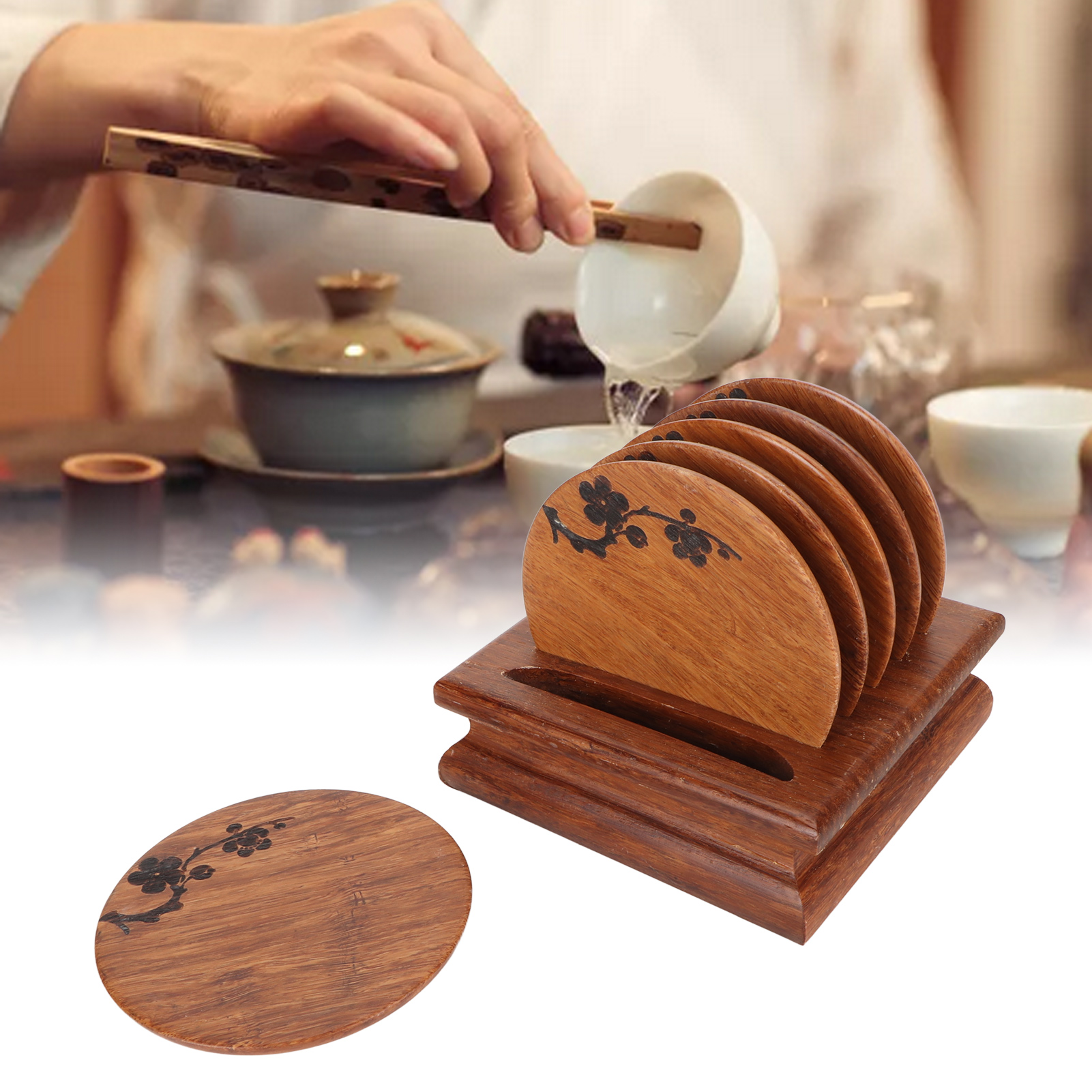 Retro-untersetzer-set Mit Pflaumenblütenmuster, Rutschfeste Und Wärmeisolierende Untersetzer, Teetablett, Zubehör Für Kung-fu-teeservice, Untersetzer, Becherhalter, Beschwertes Bambus.