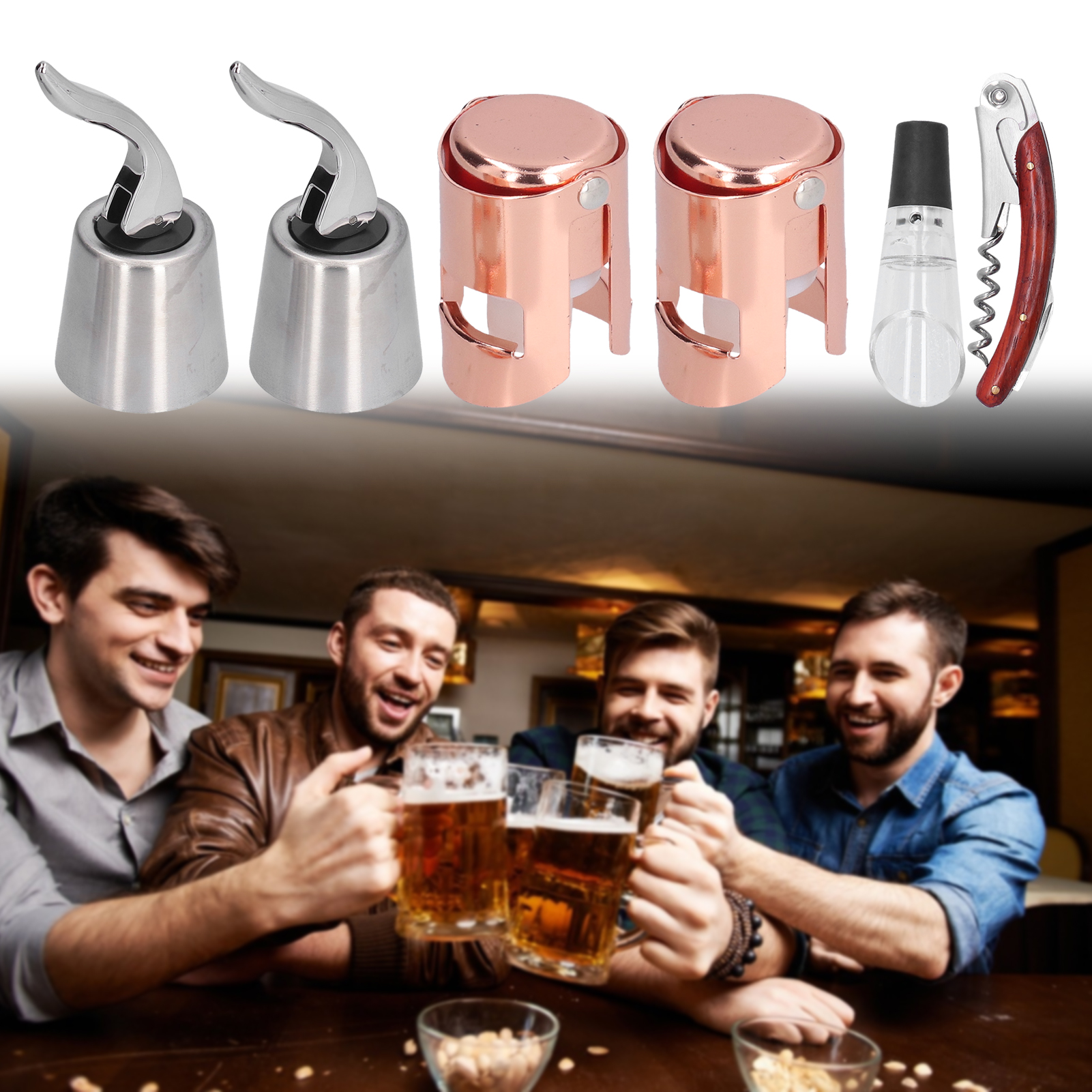 6-teiliges Set Bestehend Aus Einem Silbernen Edelstahl-weinflaschenverschluss Und Einem Roségoldenen Champagnerverschluss Sowie Einer Farbenfrohen Schachtel Mit Verschluss, Dekanter Und Ausgießer.