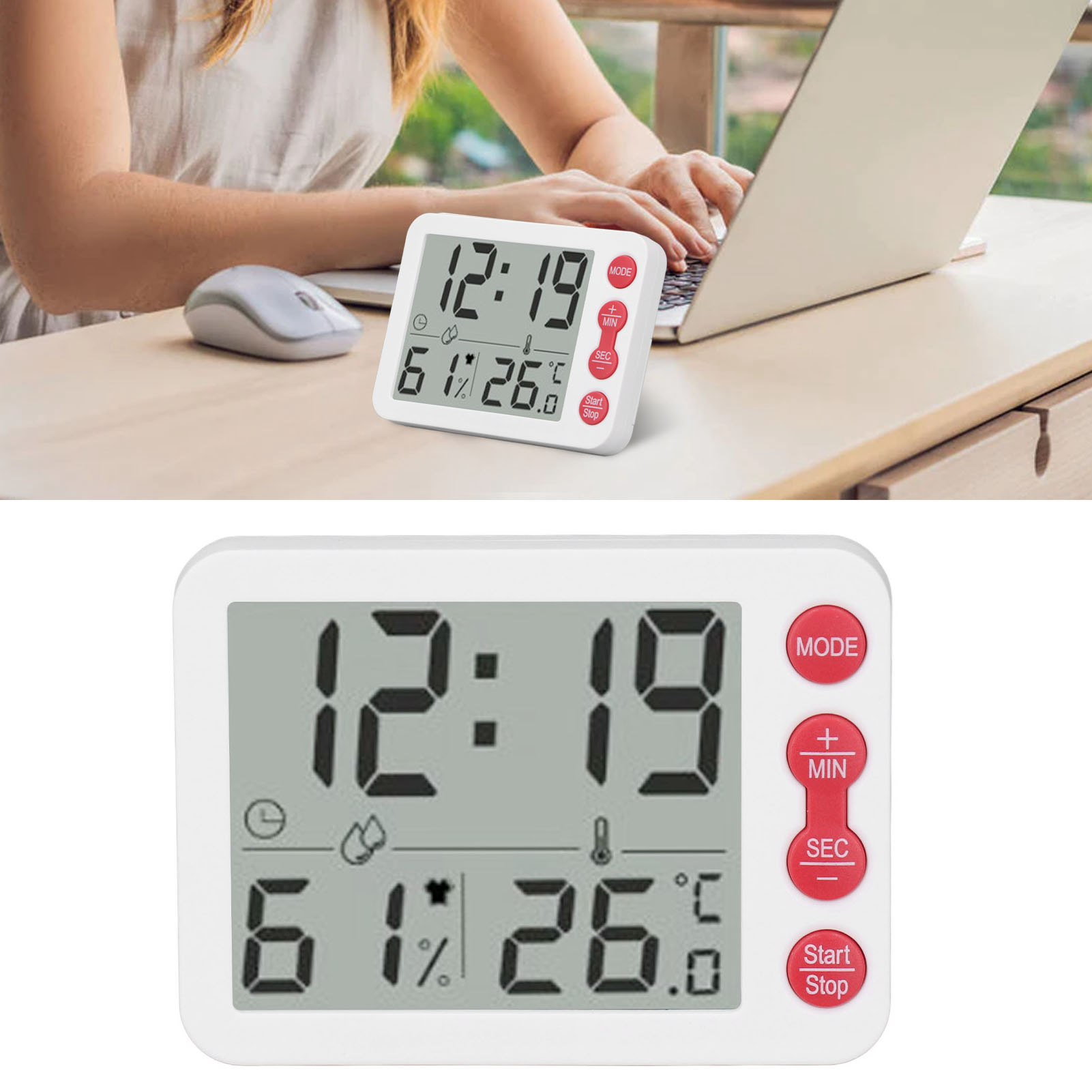 Multifunktionales Innenthermometer Und Hygrometer Mit Großem Digitaldisplay, Originaluhr, Wecker, Timer, Weißem Gehäuse Mit Roten Tasten