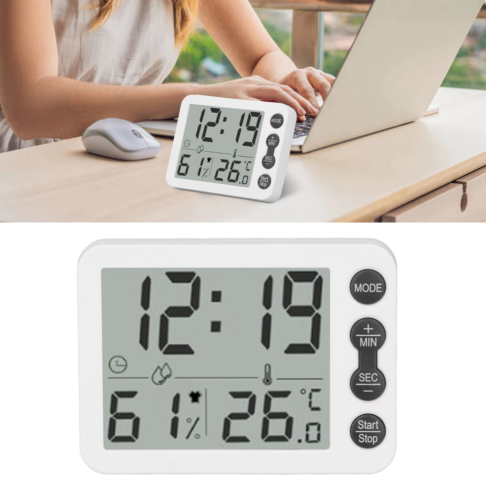 Multifunktionales Thermometer Und Hygrometer Für Den Innenbereich Mit Großem Digitaldisplay, Originaluhr, Wecker, Timer, Weißem Gehäuse Und Schwarzen Tasten.