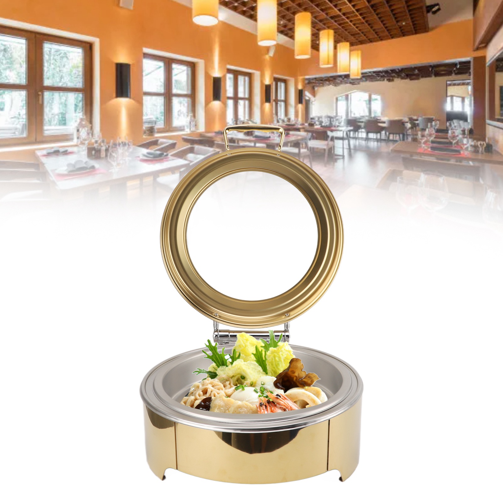 2-in-1 Buffetwärmer Mit Geraden Beinen, Optischer Heizfunktion Und Konstanter Temperatur, 6 L, Runder Buffetwärmer Mit Klappdeckel Aus Edelstahl, Europäischer Standard 220-240 V, Vergoldet.
