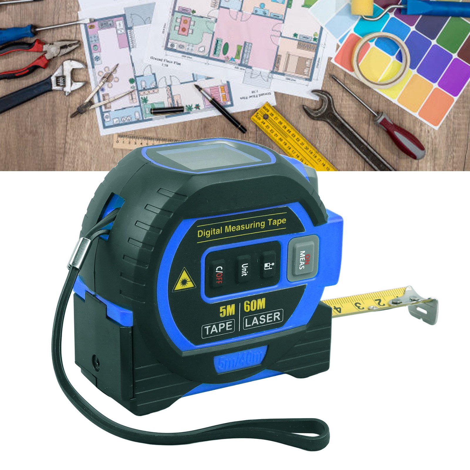 3-in-1 Laser-entfernungsmesser, Maßband, Blau, 60 M