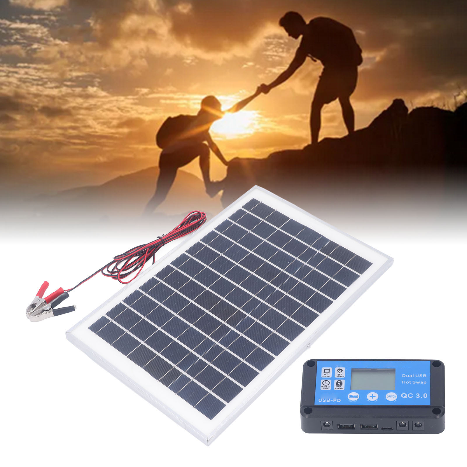 50-w-solarpanel Mit Rahmen, 3-meter-batterieklemme Und Wasserdichtem Mppt-laderegler