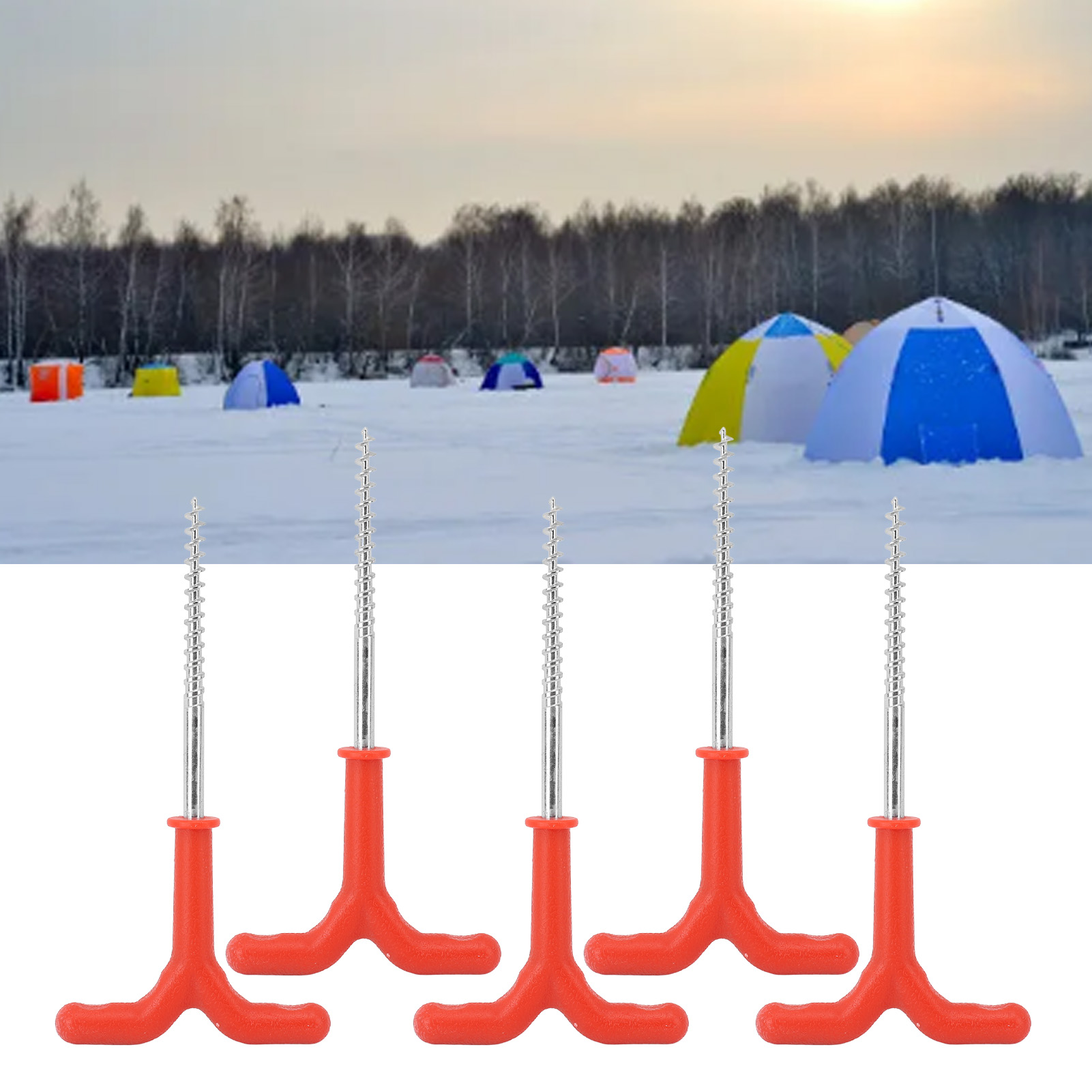 5-teiliges Set Für Das Eisangeln Im Freien Und Im Garten: Rote Heringe, Eisschrauben, Heringe Zur Befestigung Von Winterangelzelten, Kleine Eisbohrer.