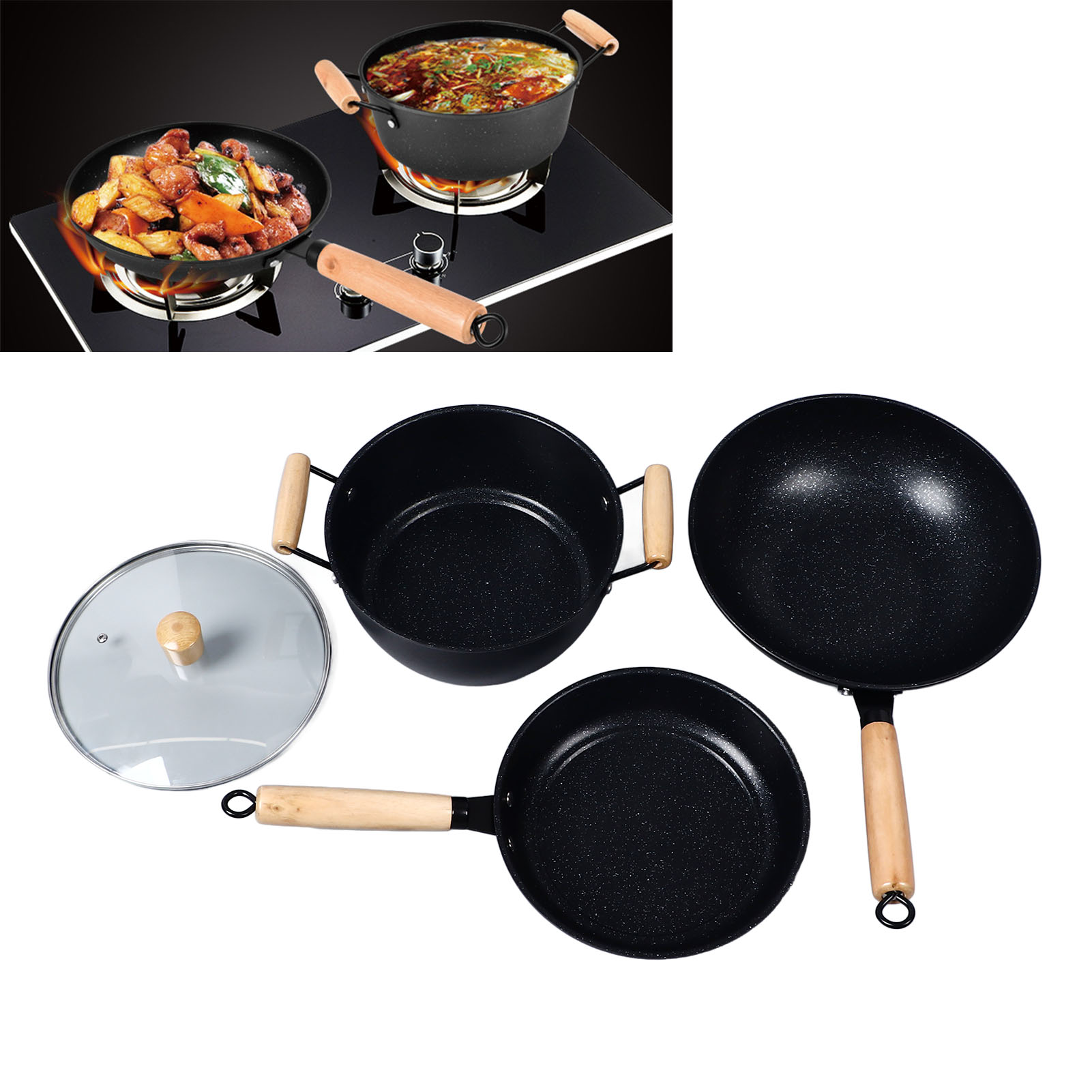 Maifan Dreiteiliges Steinkochgeschirr-set: Wok, Bratpfanne, Stieltopf, Antihaftbeschichtete Pfanne
