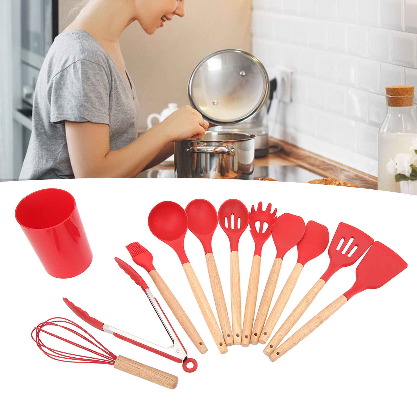 12-teiliges Silikon-kochgeschirr-set Mit Holzgriffen (rot)
