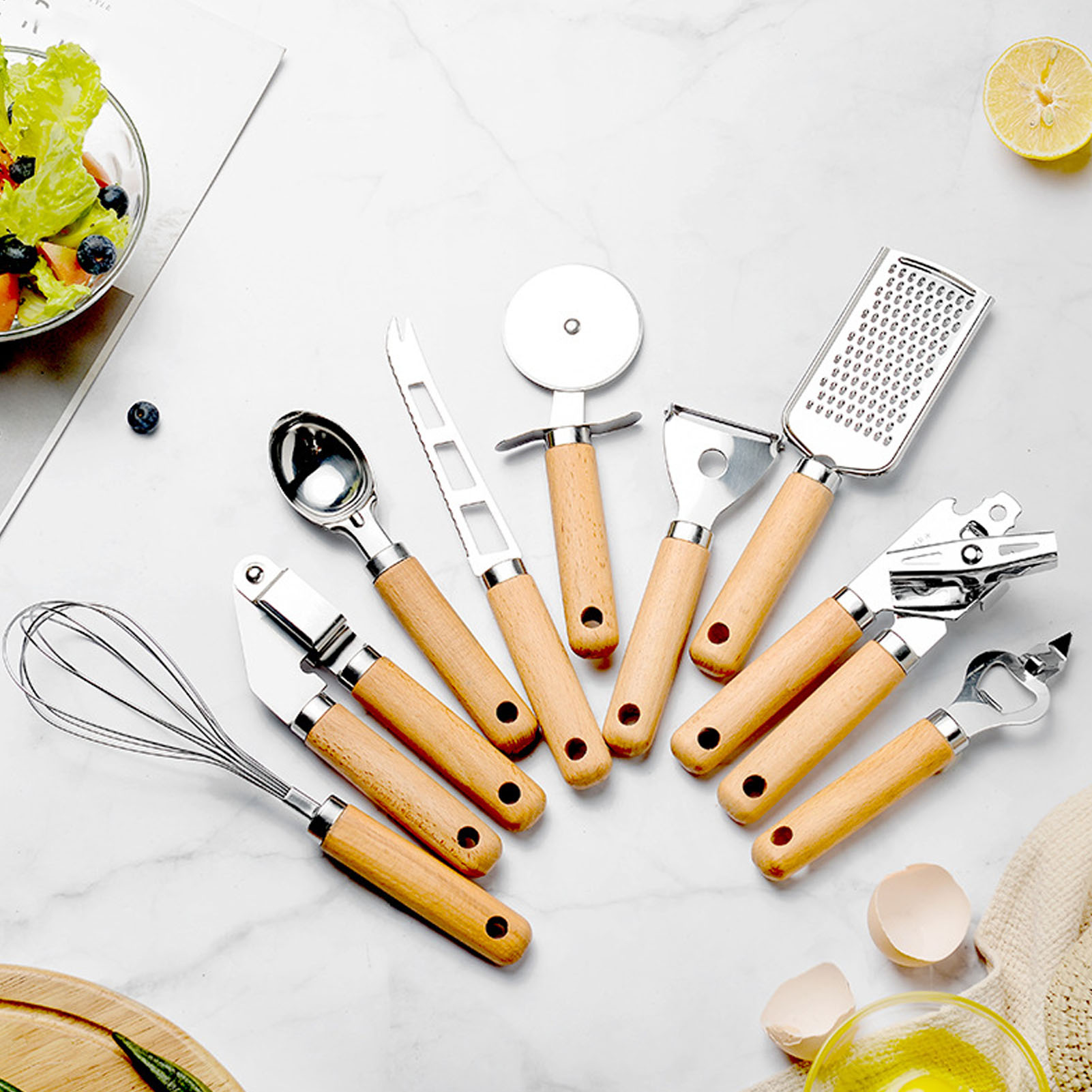Küchenaccessoires, Holzgriffe, Kleine Küchenutensilien, Schneebesen Aus Edelstahl, Verschiedene Gebäcksets, Pizza- Und Käsemesser