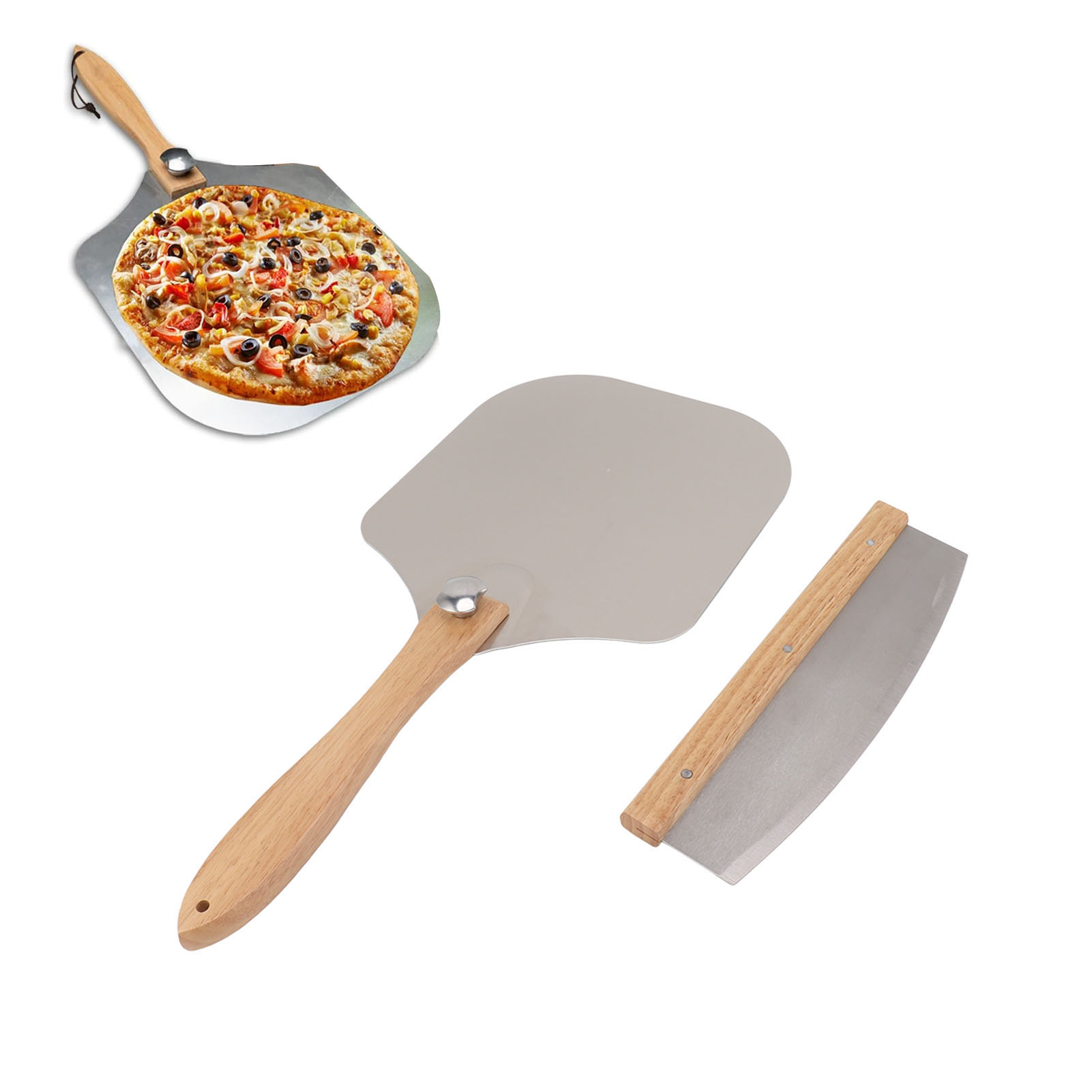 Pizzaspatel, Spatel Mit Langem Griff Und Pizzaschneider, Pizzamesser, Kuchenspatel, Pizzaspatel Mit Holzgriff