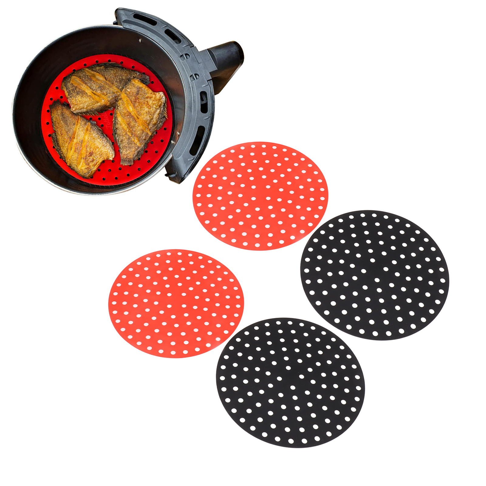 Runde Ofenmatte, Hitzebeständige Heißluftfritteusenmatte, Ölabweisende Heißluftfritteusenmatte, 2 Rote 20 Cm + 2 Schwarze 20 Cm