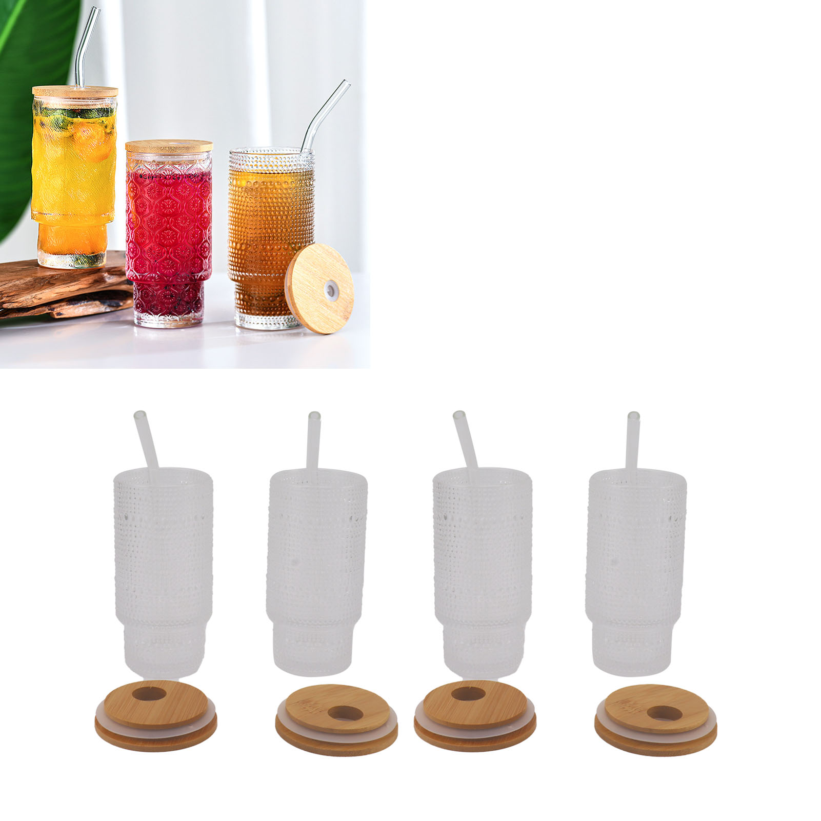Set Aus Stapelbaren 325-ml-bechern Für Kaffee, Milch, Cola Und Bier, Mit Deckel Und Strohhalm, Verziert Mit Perlen.