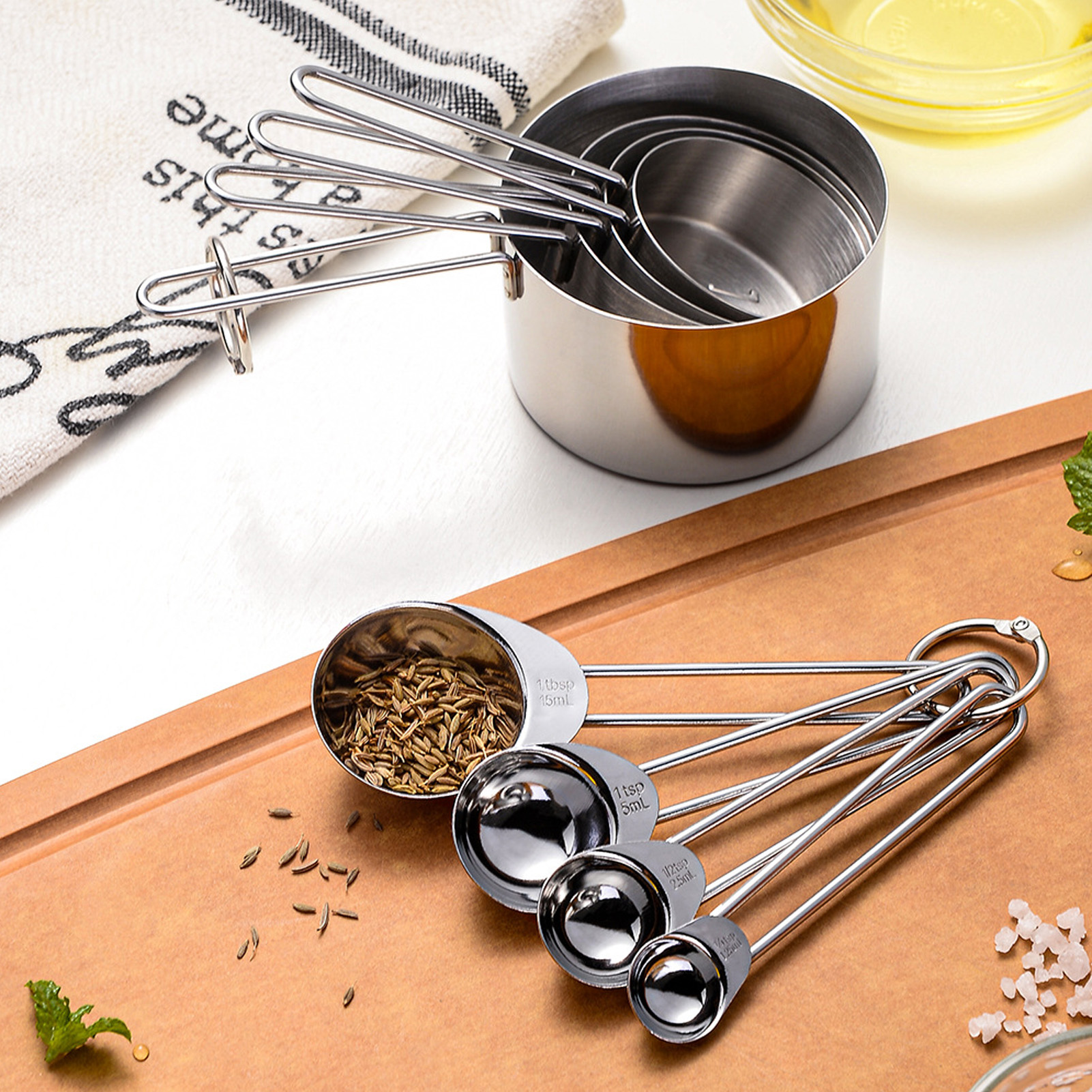 8-teiliges Edelstahl-set Inklusive Messbecher Und -löffel Mit Gewindegriffen, Back-, Gewürz- Und Kochutensilien, Küchenhelfer