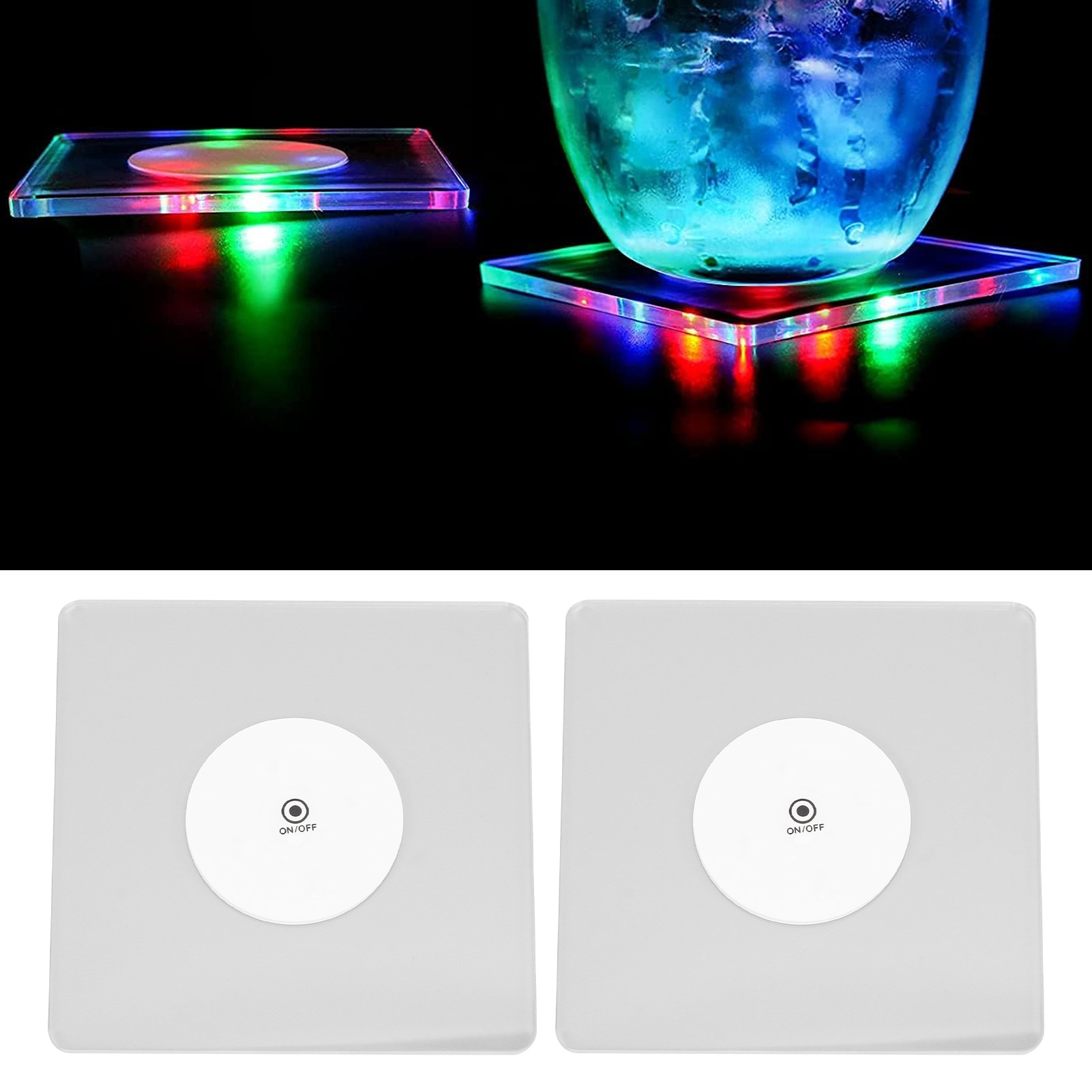 Quadratischer Led-untersetzer, Leuchtender Acryl-untersetzer, Batteriebetrieben, Farbiger Transparenter Kristallfuß, Blinkender Fuß.