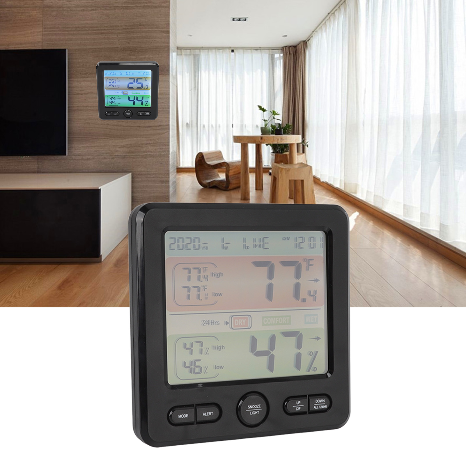 Thermometer Und Hygrometer Für Den Innenbereich Mit Farbalarm, Farbdisplay, Geeignet Für Den Heimgebrauch, Nachttischuhr Für Kinder Und Schüler, Digitaluhr, Schwarzes Thermometer Und Hygrometer.