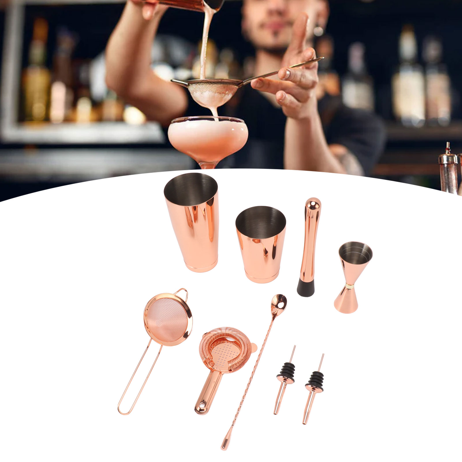 Barset A Bestehend Aus Einem Boston-shaker, Einem Cocktailmixer Aus Edelstahl, Einem Hall-glas Und Einem Barmixer.