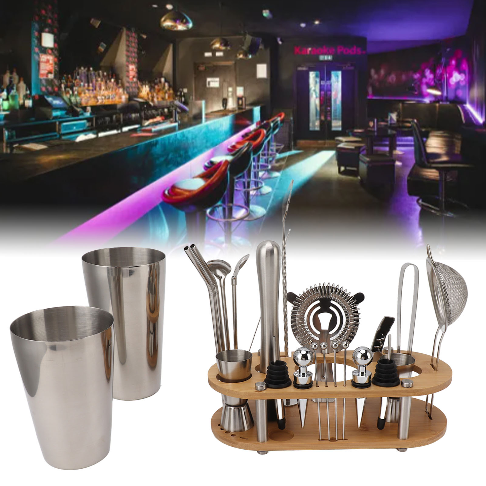23-teiliges Set Inklusive Ovalem Bambusständer, Boston-barwerkzeugen, Cocktailgläsern Aus Edelstahl Und Einem Barmixer-set.