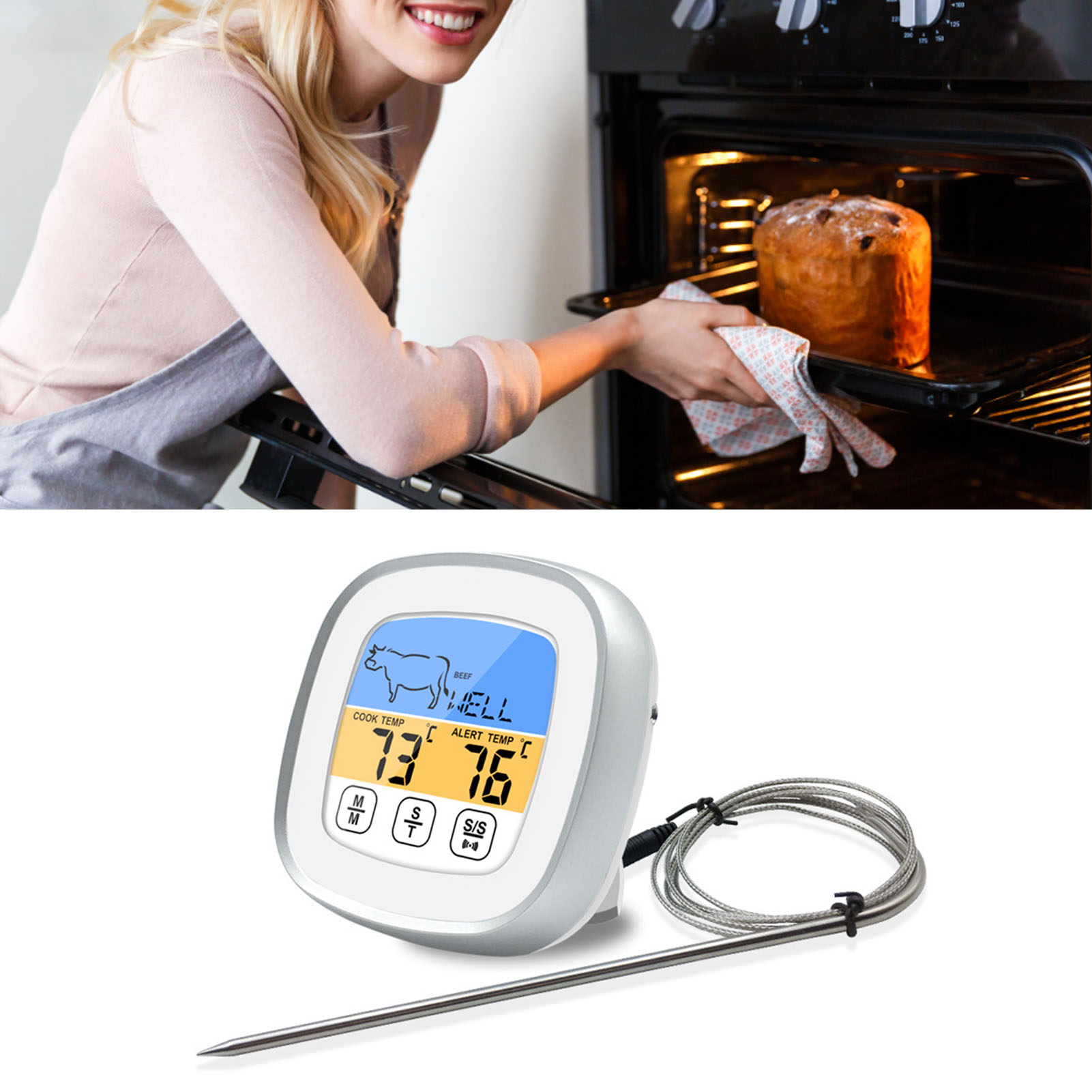 Touchscreen-ofenthermometer Mit Timer Und Digitalanzeige Zum Backen Und Grillen, Weißes Elektronisches Küchenthermometer