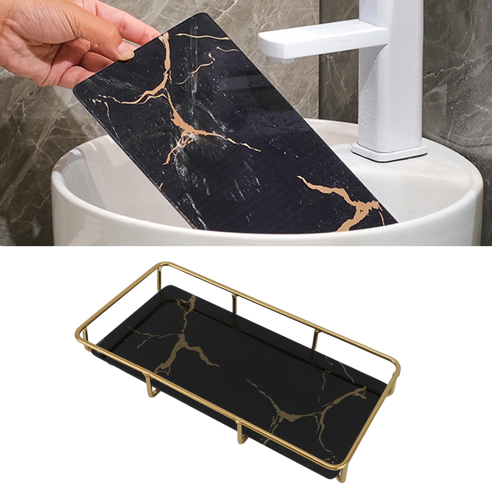 Aufbewahrungsregal Für Badezimmerkosmetik, Quadratische Ablage, Schwarz Mit Goldenen Mustern, Kleine Größe