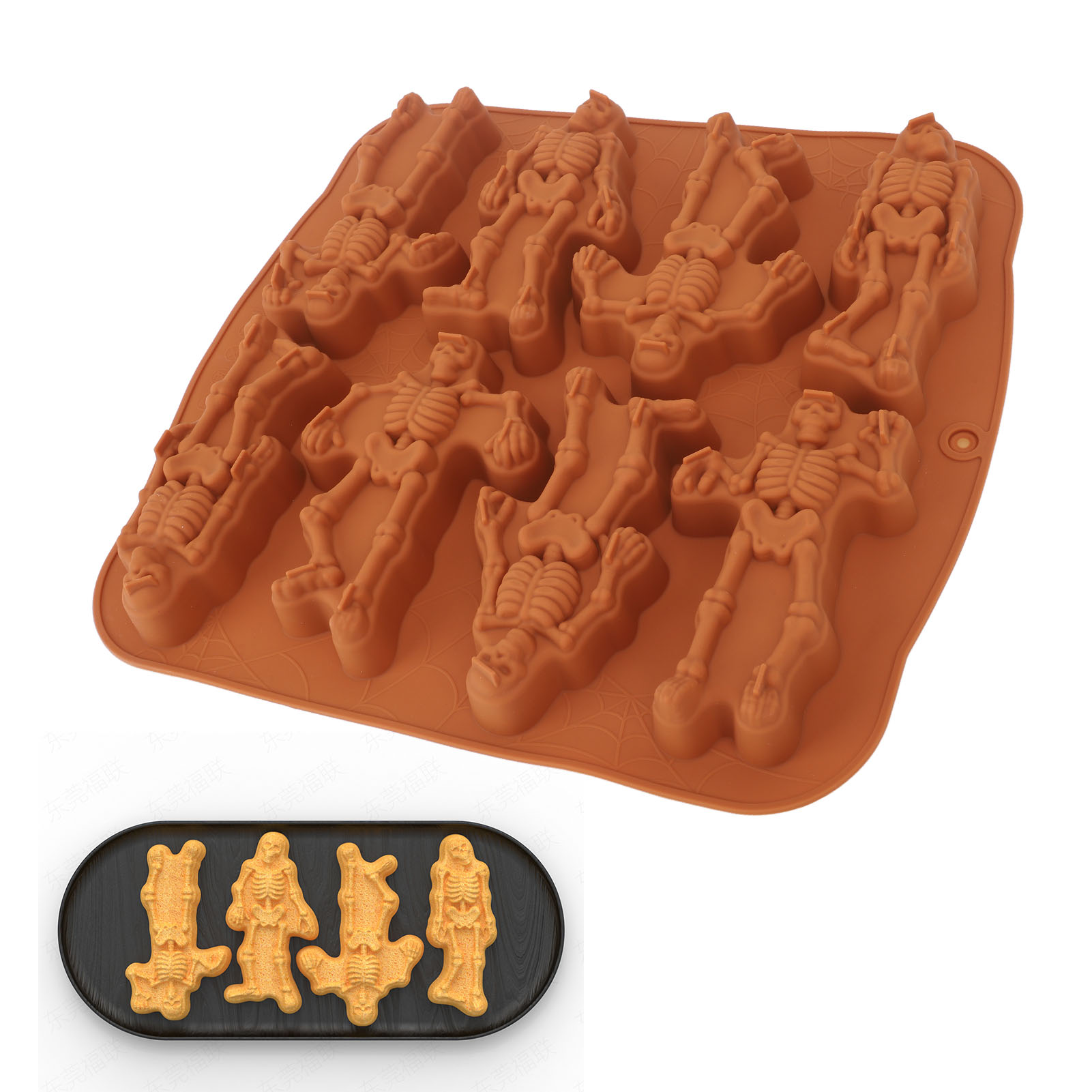 Kaffeefarbene Silikon-halloween-skelett-kuchenform, 8 Mulden
