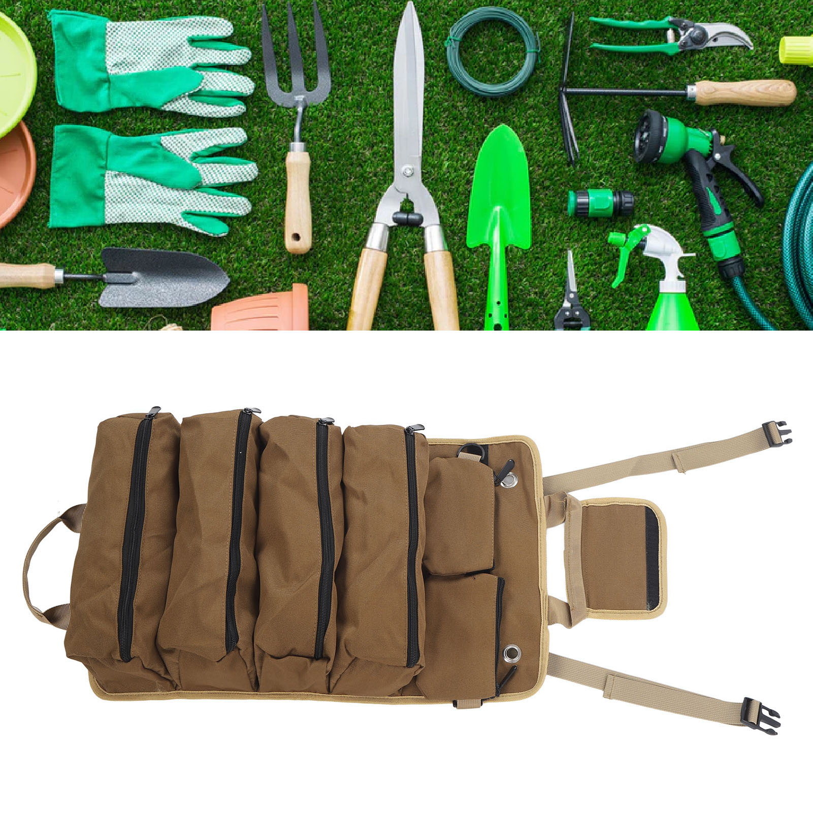 Multifunktionale, Aufrollbare Werkzeugtasche, Gartengerätetasche, Aufbewahrungstasche, Khakifarben