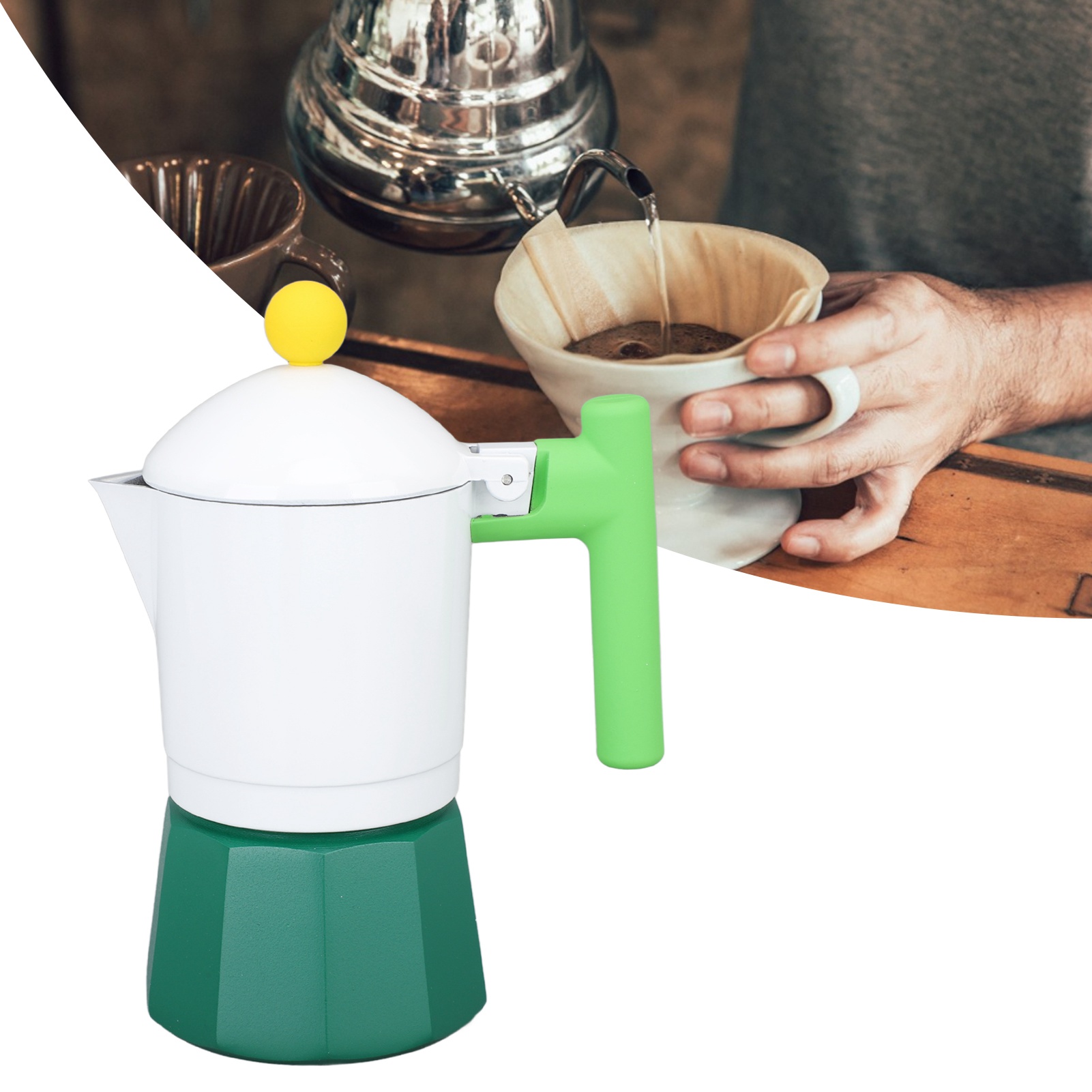 Klassische Italienische Kaffeemaschine, Retro-mokakanne, Hochwertige, Kunstvolle Mokakanne, Quadratisch, Weiß Und Grün.