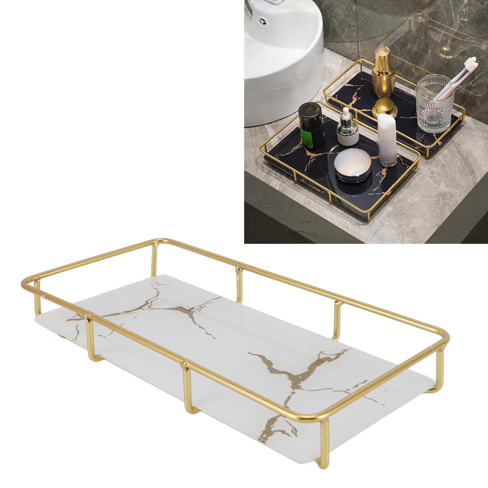Aufbewahrungsregal Für Badezimmerkosmetik, Quadratische Ablage, Weiß Mit Goldmuster, Kleine Größe