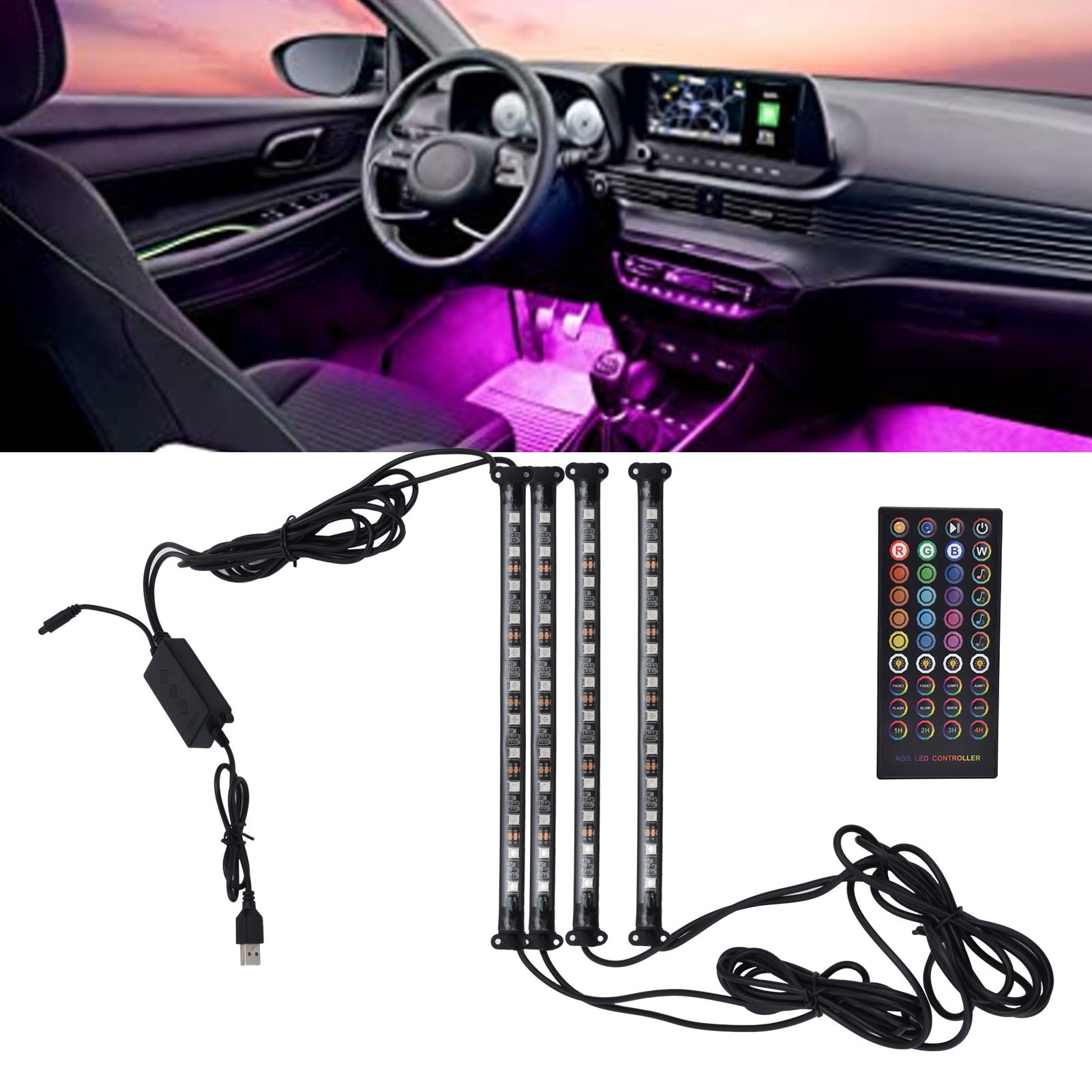 Led-autolichtleiste Mit Usb-anschluss, Bluetooth, App- Und Fernbedienungssteuerung Für Ambientebeleuchtung, Rgbw-farblichtleiste, Musikmodus Und Sprachsteuerung.