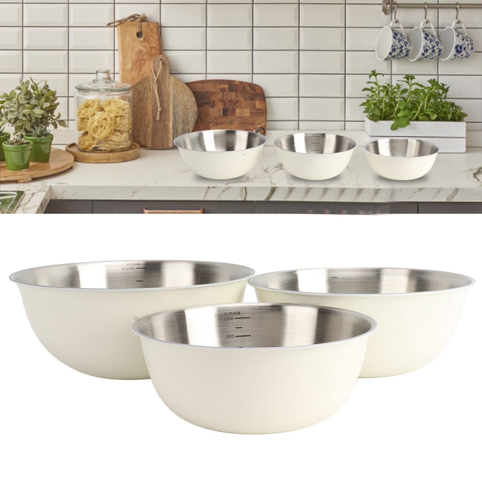 Set Aus 3 Japanischen Edelstahl-küchenschüsseln (304) Mit Messmarkierungen, Ideal Für Salate, Backwaren, Teigkneter Und Zum Schlagen Von Eiern (eiweiß). Verpackt In Einer Farbigen Box.