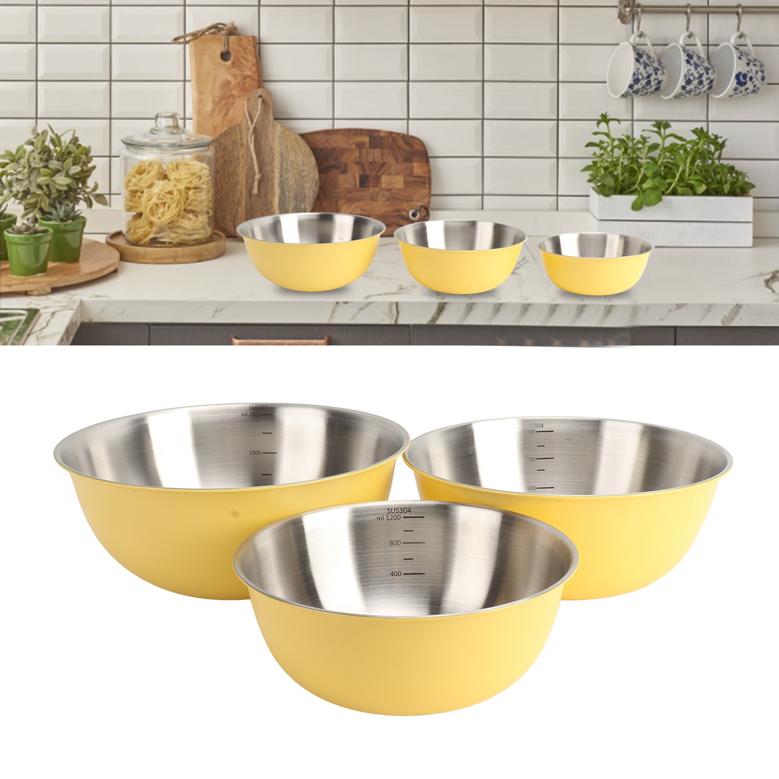 Japanisches Küchenschüssel-set Aus Edelstahl 304 Mit Skala, Salatschüssel, Gebäckschüssel, Knetschüssel, Schneebesen (3-teilig) – Cremegelb – Farbkartonverpackung