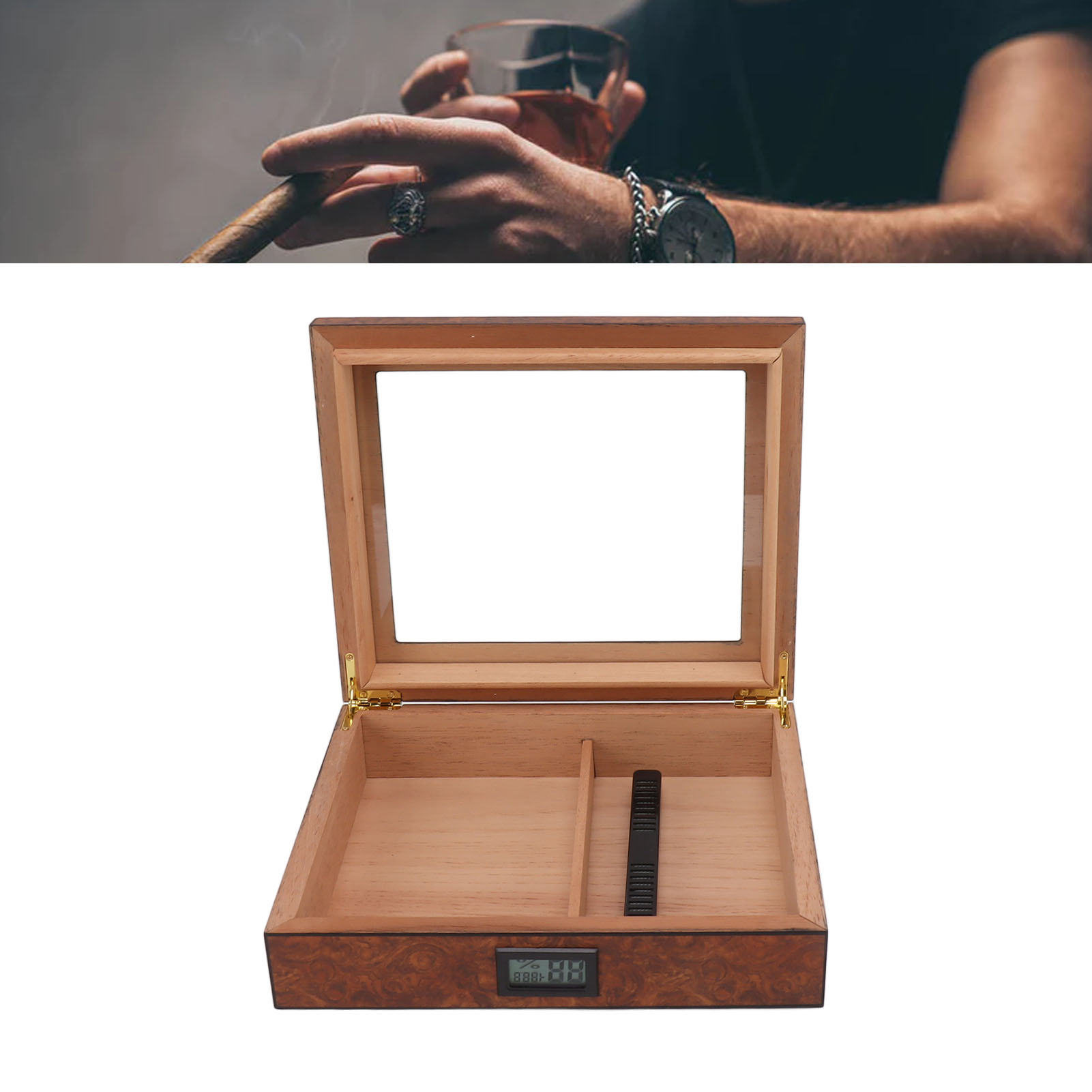 Braunes Digitales Hygrometer Aus Zedernholz Mit Vintage-maserung, Tragbares Design Mit Transparentem Fenster, Zigarrenhumidor.