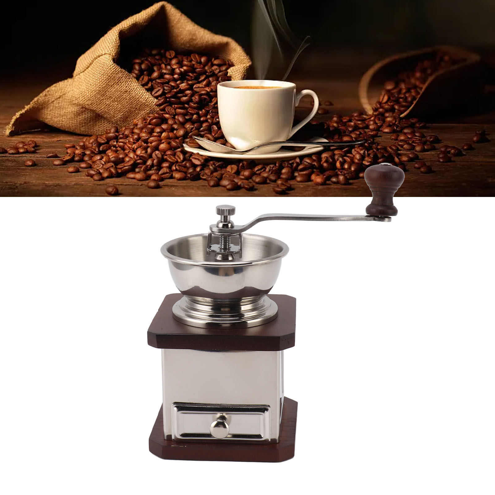Kaffeemühle, Manuelle Kaffeemühle, Manuelle Kaffeebohnenmühle, Holzfarbe.