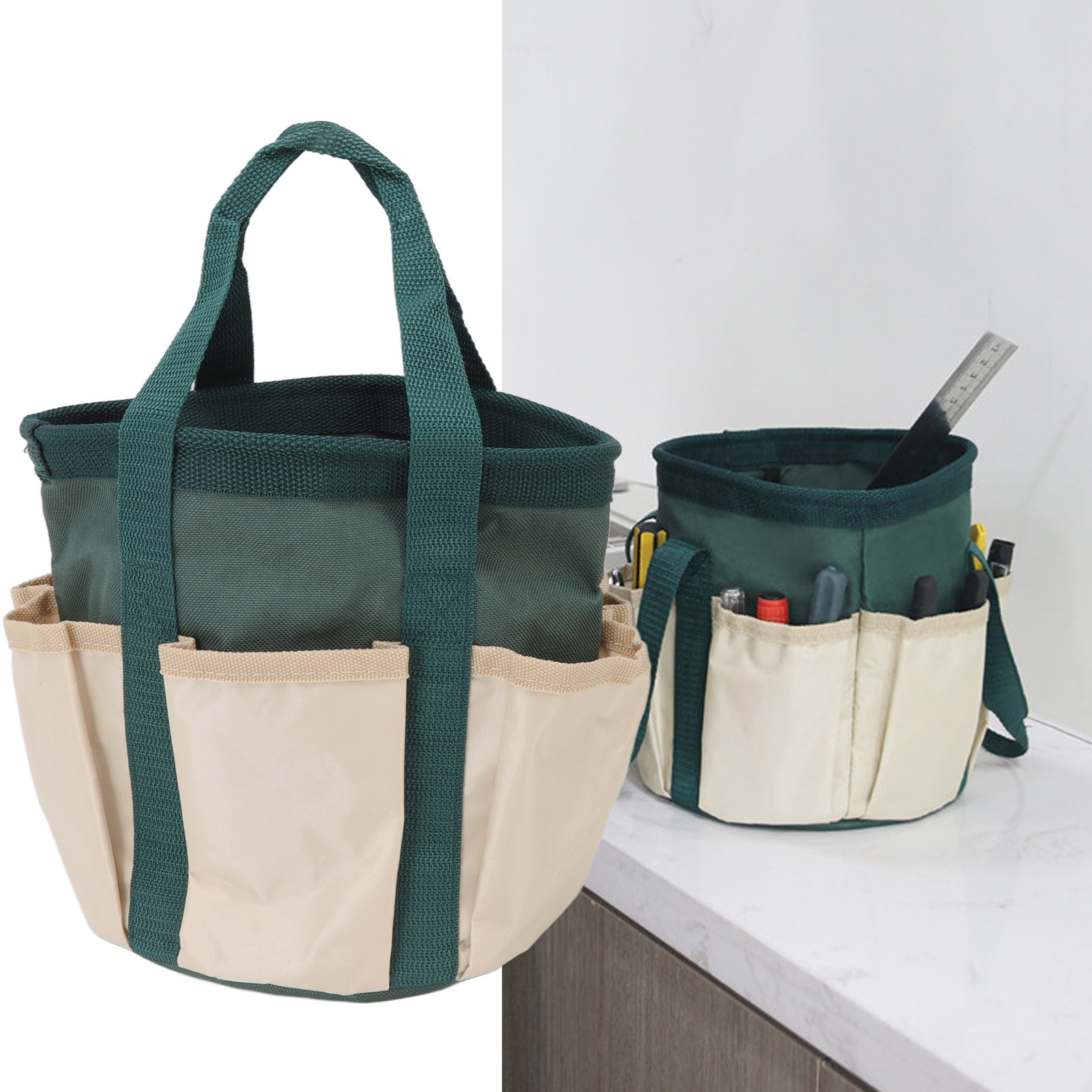Runde, Fassförmige, Tragbare Gartengerätetasche, Praktische Aufbewahrungstasche Aus Oxford-gewebe Mit 6 Fächern, Grün Und Beige