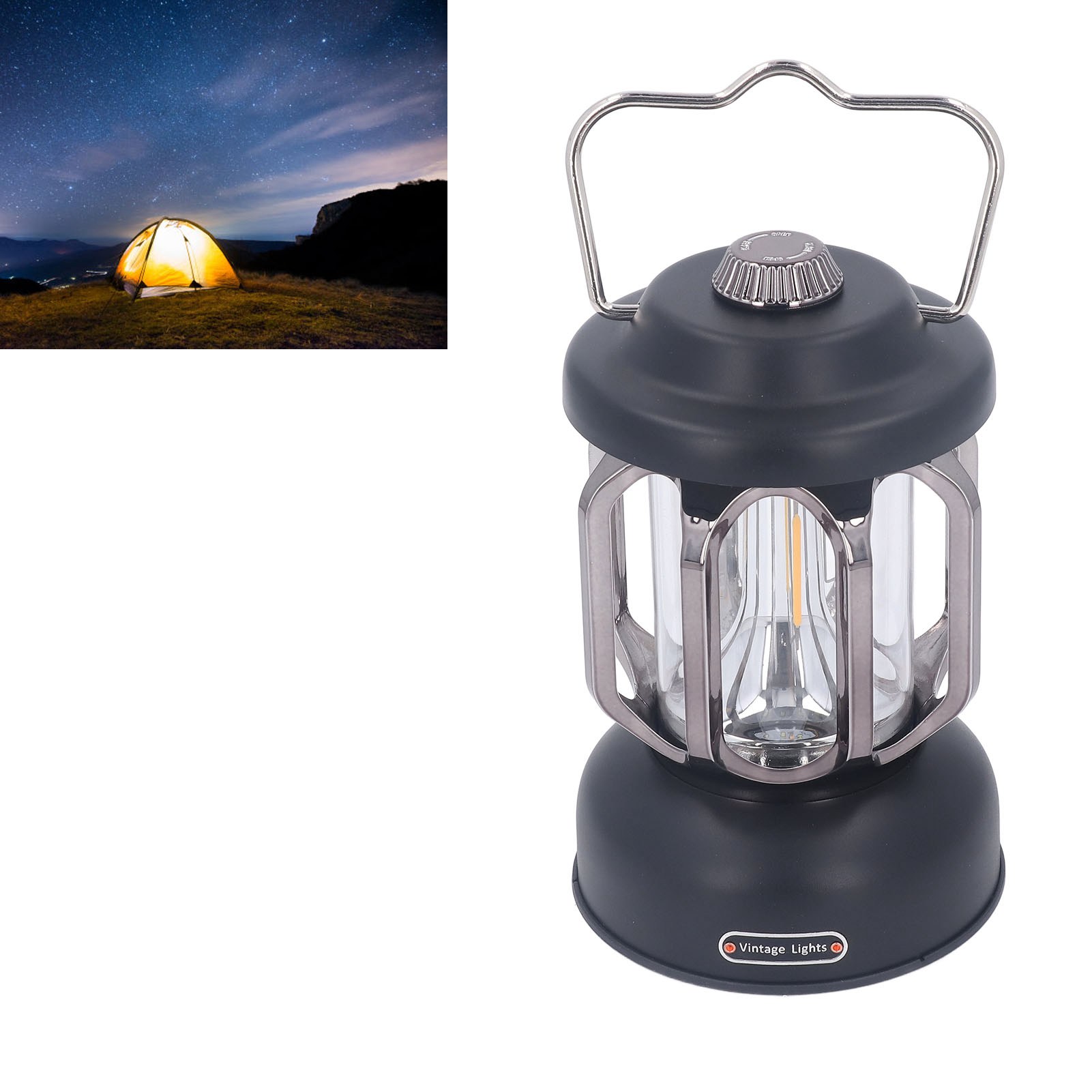 Retro-campinglampe, Wiederaufladbare Led, Wasserdicht, Batteriebetrieben, 3 Leuchtmodi, Tragbar, Helligkeit Einstellbar, Hängelampe Für Zelt, Terrasse/garten/rasen/kamin, Schwarz