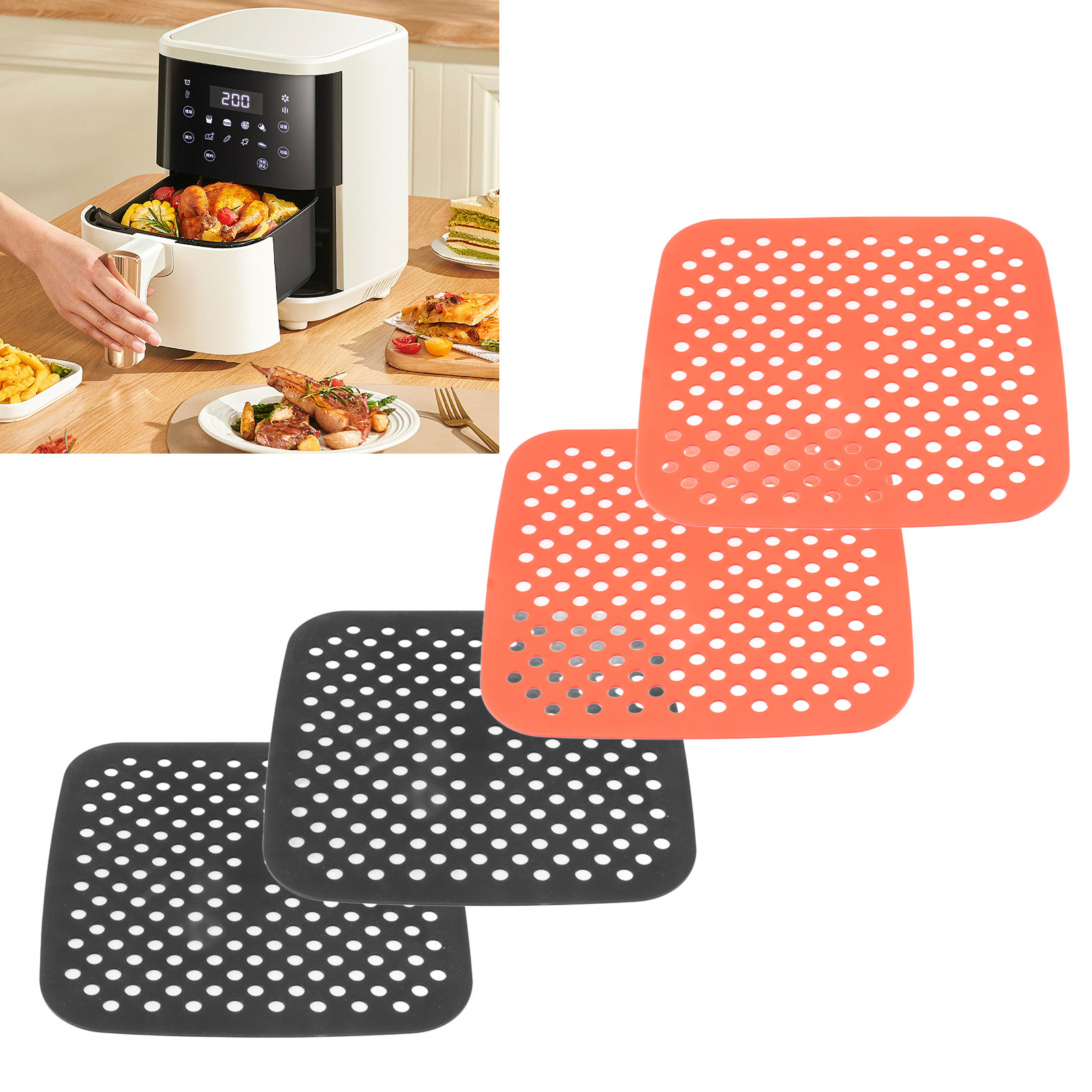 Silikon-ofenmatte, Hitzebeständige Heißluftfritteusenmatte, Ölbeständige Heißluftfritteusenmatte, 2 Rote Matten (21 Cm) + 2 Schwarze Matten (21 Cm)