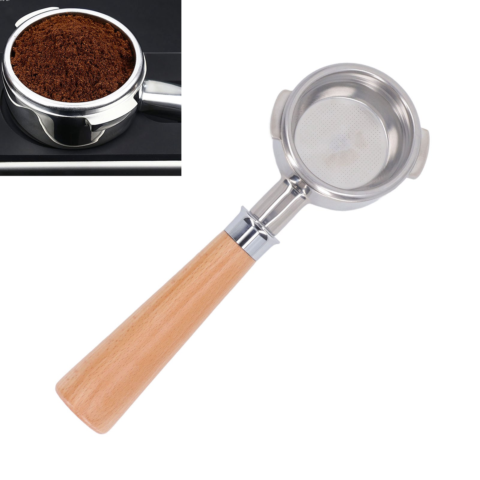 Nowwa 58-mm-kaffeemaschine Ohne Boden Mit Abgewinkeltem Griff Und Edelstahlgriff, Modell A2, Farbe: Naturbuche
