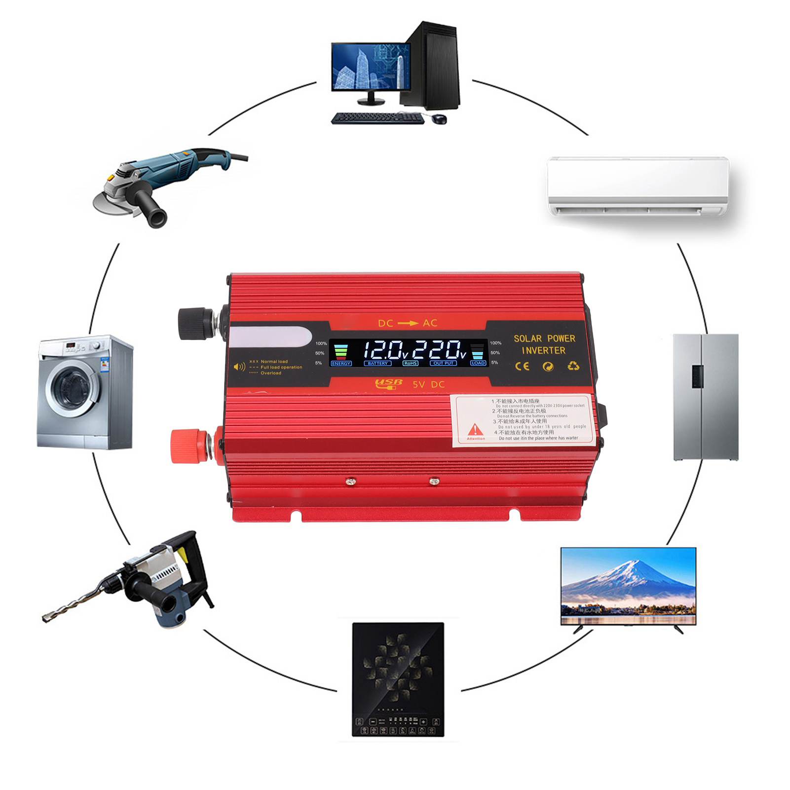 12v/220v 420w Wechselrichter Für Auto Und Haushalt, Mit Lcd-bildschirm, Rot