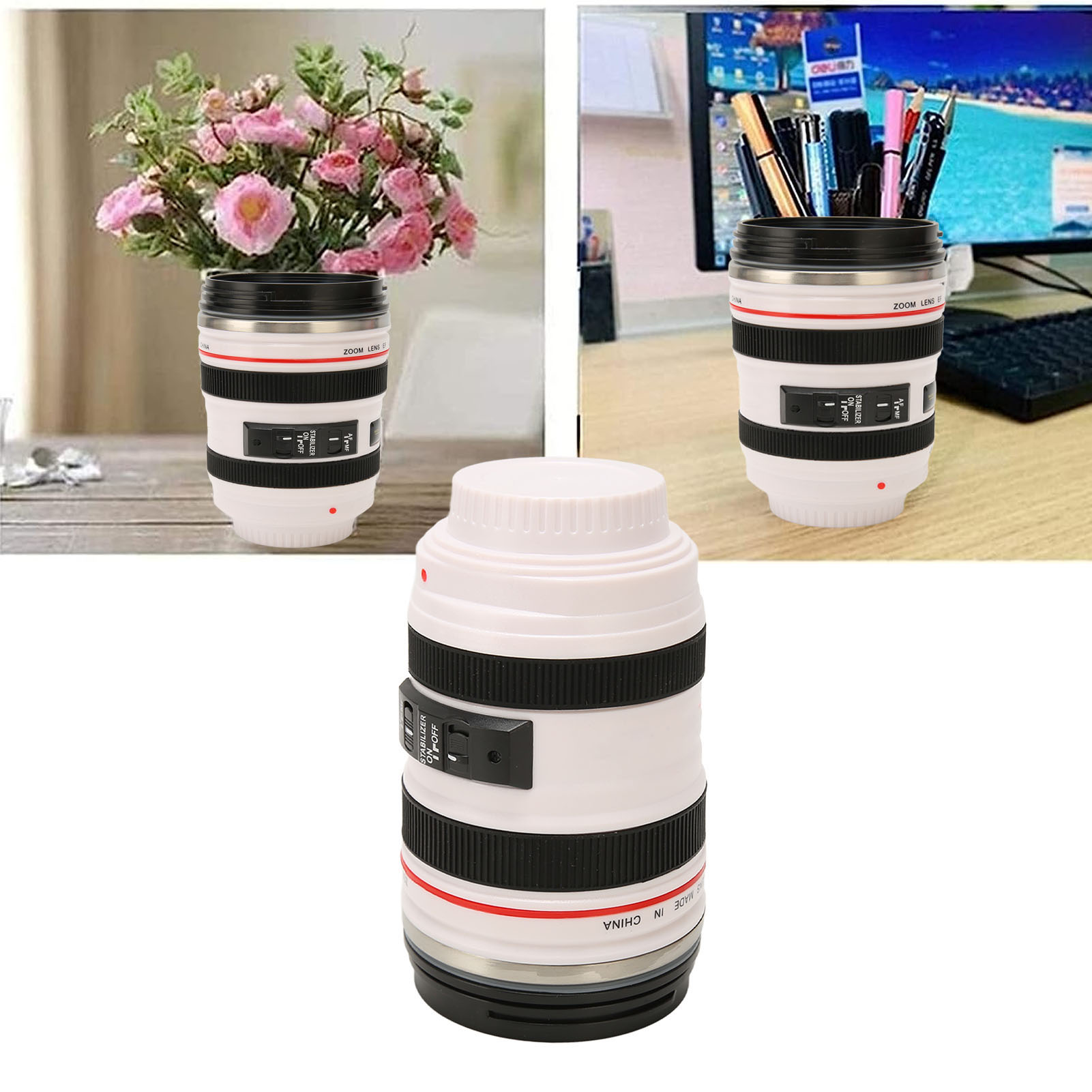 Kaffeebecher In Kameralinsenform, 6. Generation, Innenbeschichtung Aus Edelstahl 24-105, Personalisierte Und Kreative Wasserflasche, Wohnaccessoire, Fotografenbecher, Reisebecher, Unisex-becher, Weiß